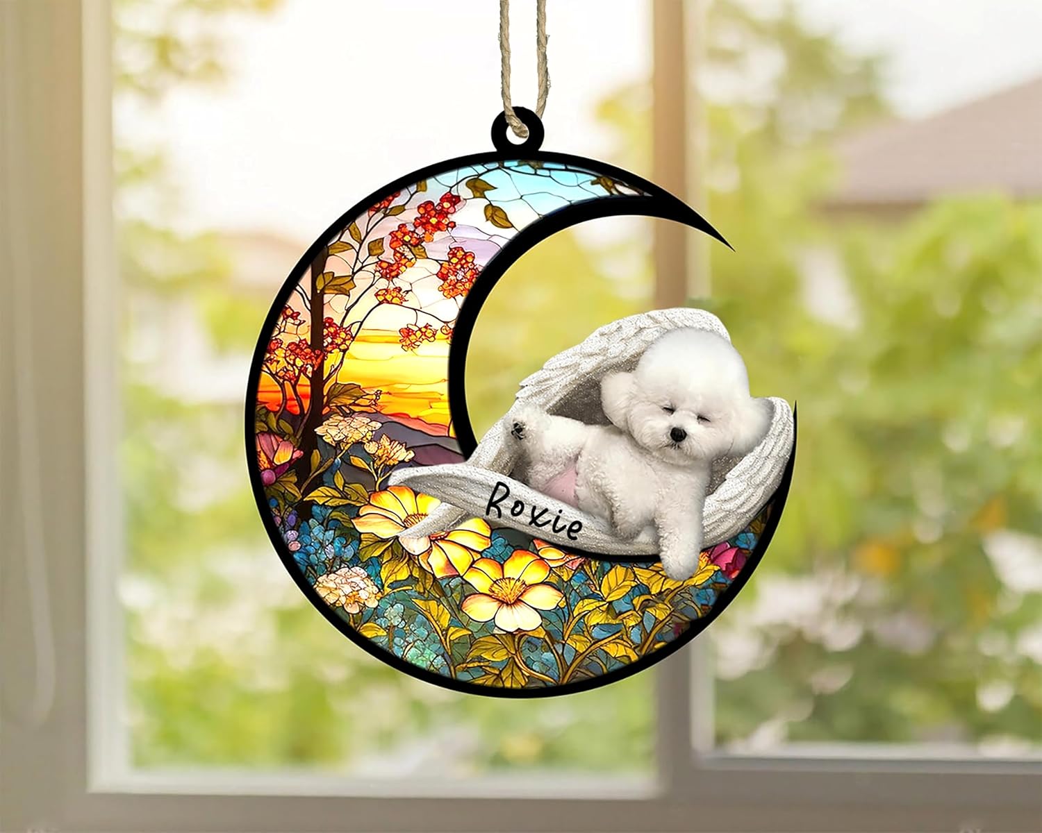 Atrapasoles personalizado para perros Bichon Frise, adorno de Navidad con nombre, atrapasueños de mascotas, regalos para los amantes de los perros,