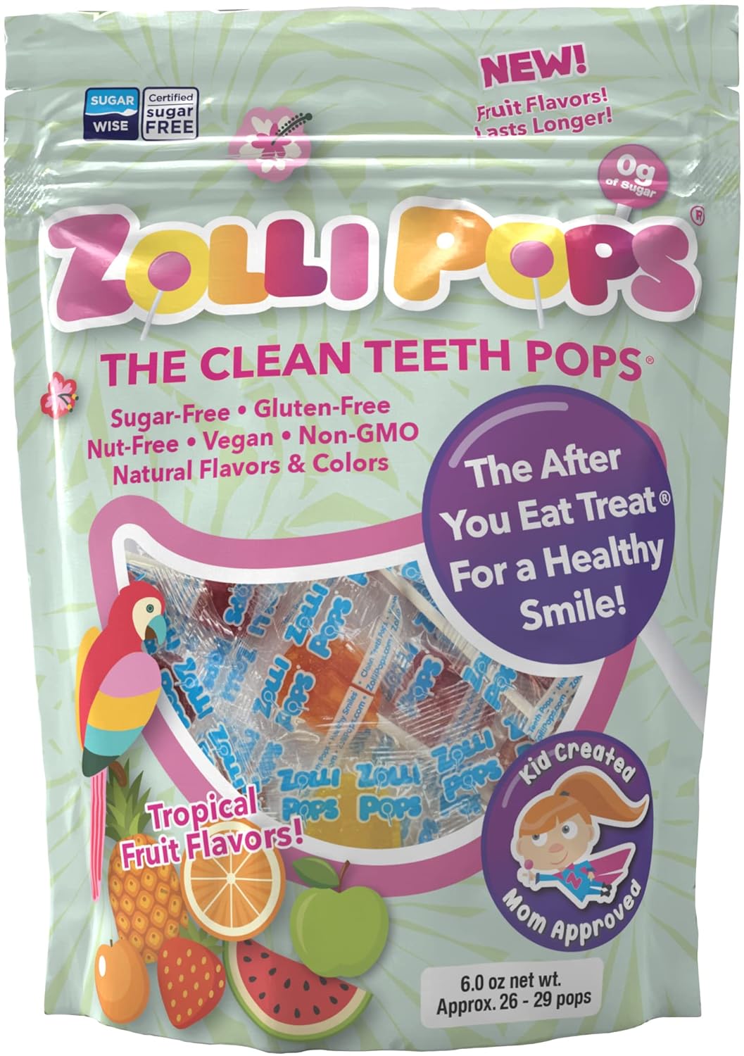 Zollipops The Clean Teeth Pops – Paletas anticaries, deliciosos sabores, sabor tropical, 6onzas