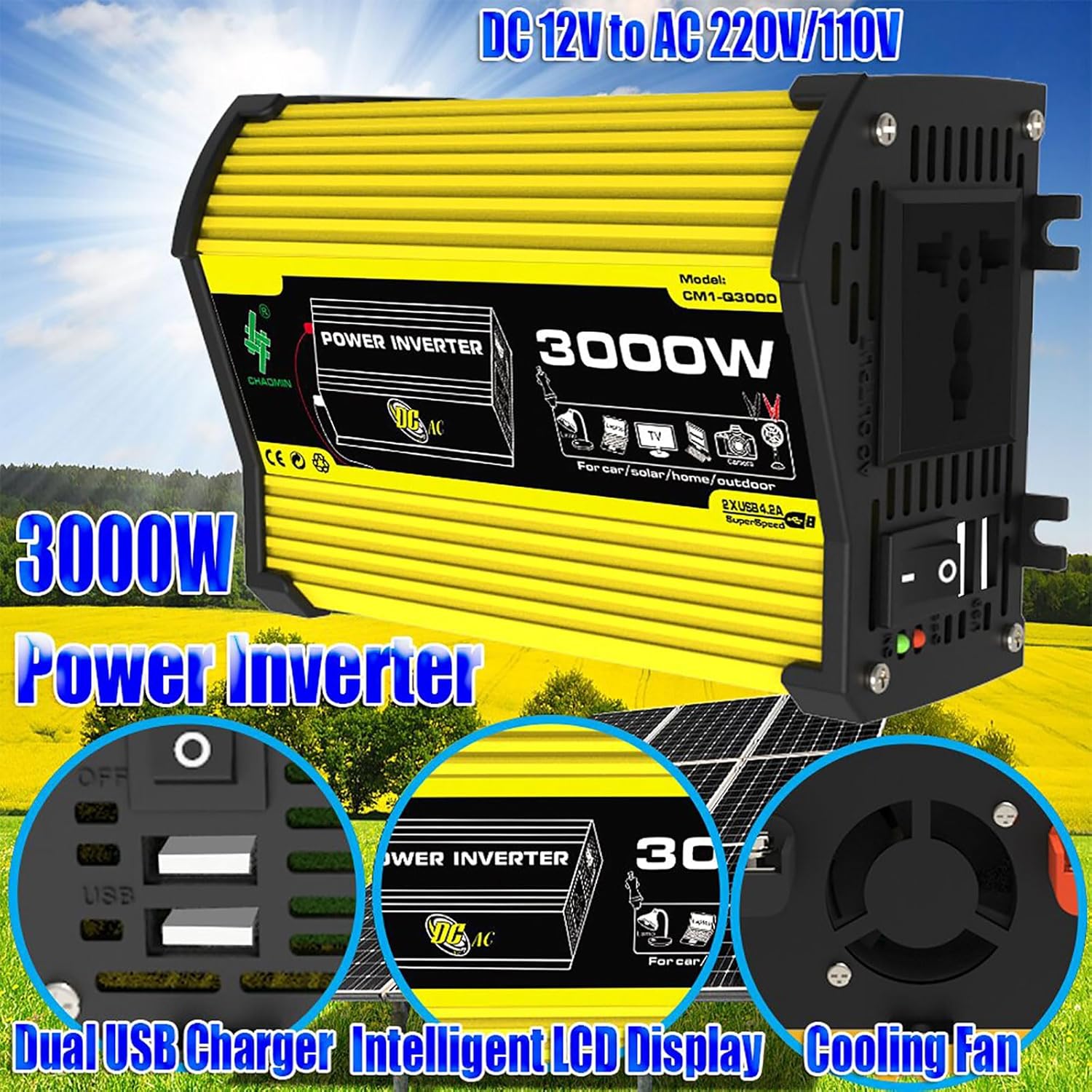 CANEVE Kit de inversor de sistema solar de 3000 W, panel solar plegable impermeable de 100 W, controlador de potencia de 12 V a 110 V220 V50A,