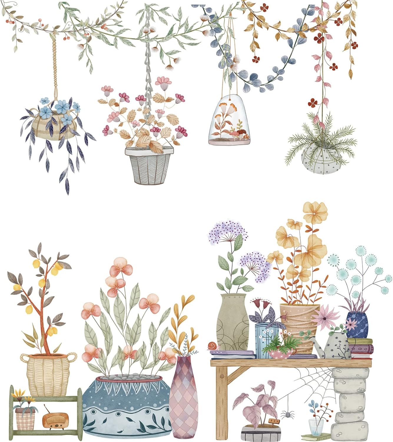 Calcomanías de pared extraíbles para colgar en macetas, calcomanías de pared de plantas coloridas, calcomanías de pared con colgante floral de