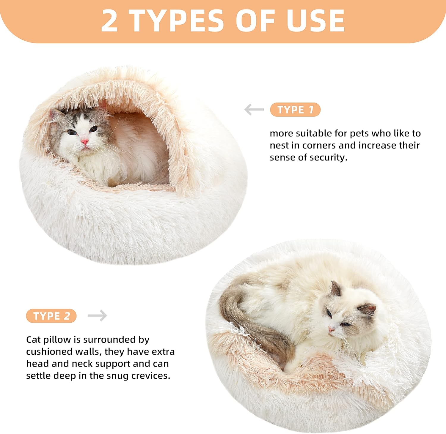 Cama para gatos redonda y esponjosa con capucha y funda de felpa no plegada, cama para gatos de interior, camas calmantes para perros y gatos, parte