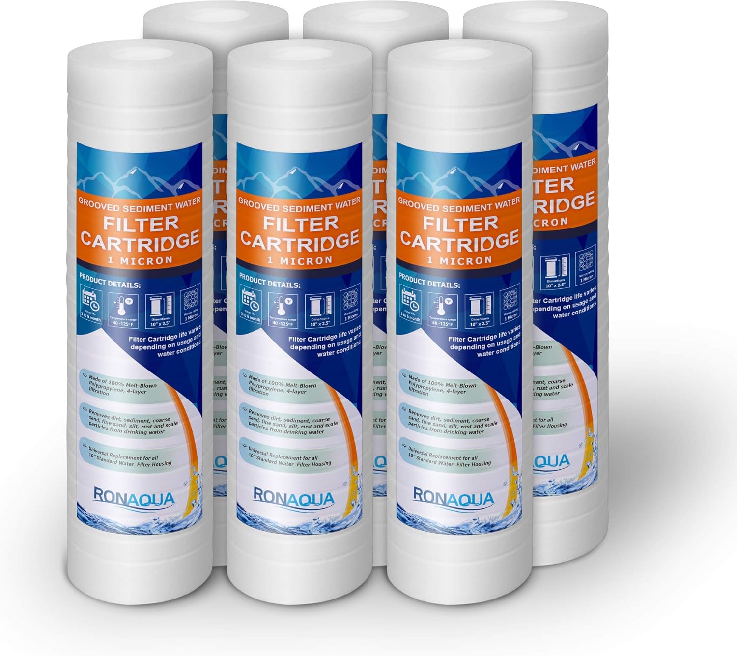 6 Grooved 1 Micron Sediment Water Filter Cartridges 10″x 2.5″, Four Layers of Filtration, Removes Sand, Dirt, Silt, Rust, made from Polypropylene