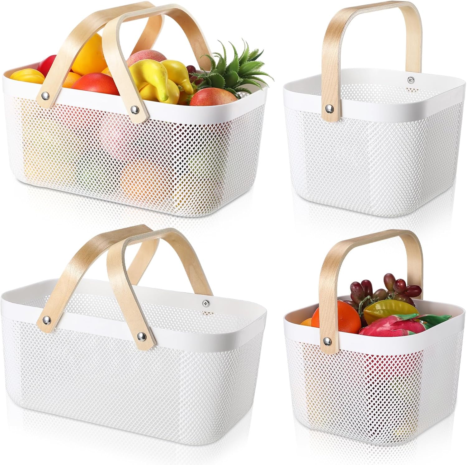 4 cestas de malla de plástico para cosecha de jardín, cesta de malla de almacenamiento con mango de madera, cesta de malla multifuncional para