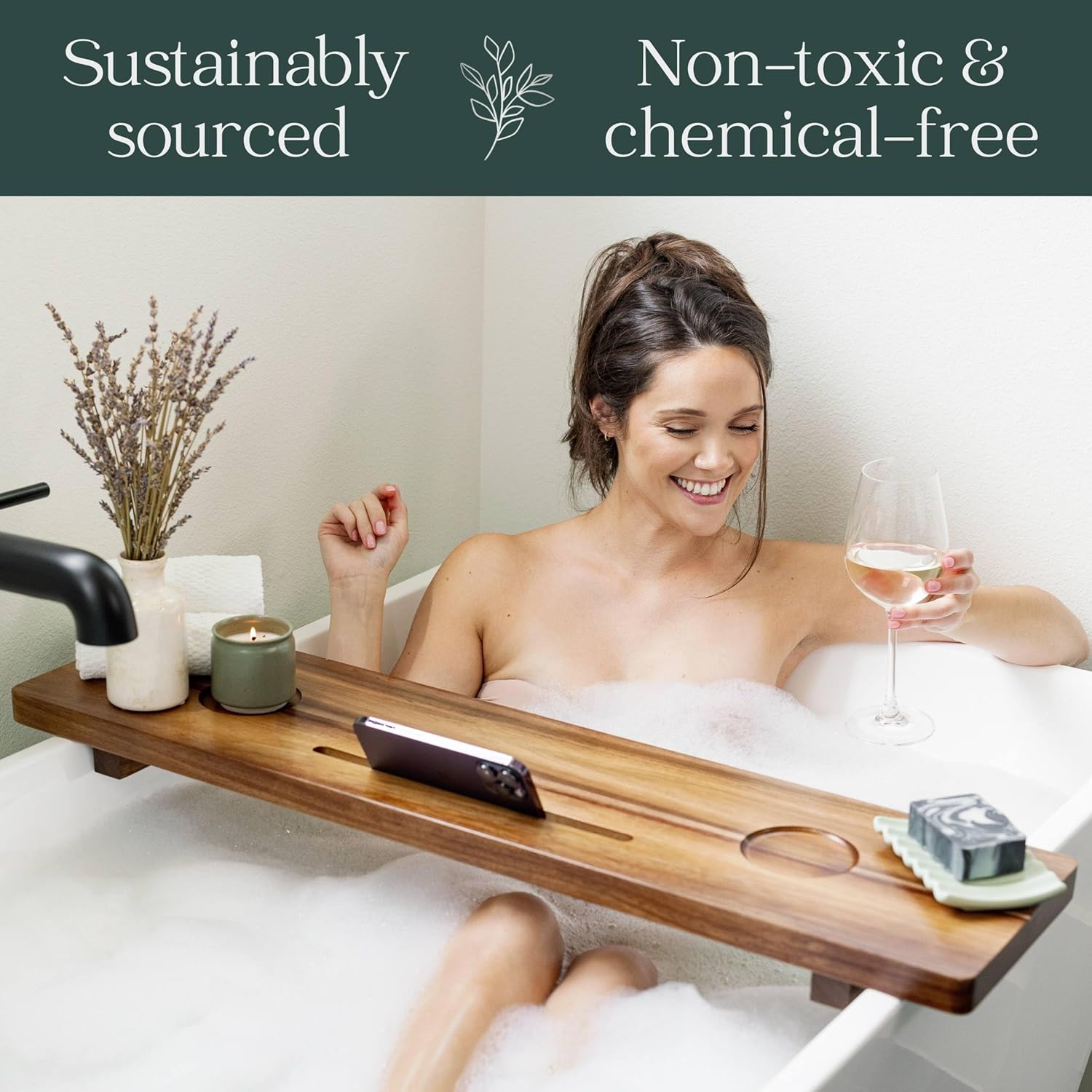 Nature Shed Mesa de bañera de alta calidad  Madera de acacia maciza, bandeja de baño grande para bañera  Bandeja de bañera no tóxica, anti-vuelco y