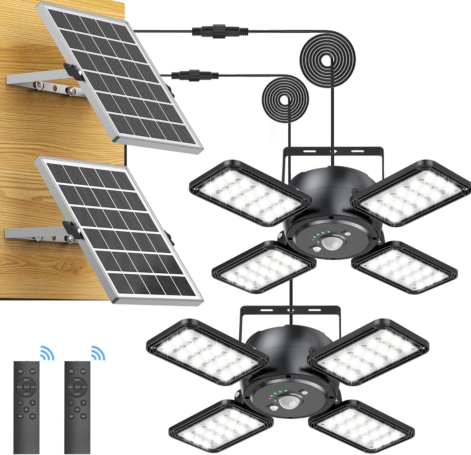 Luz solar para cobertizo con sensor de movimiento solar para interiores y exteriores, 144 LED, 1200 lúmenes, luz de trabajo diurna con 5 modos de