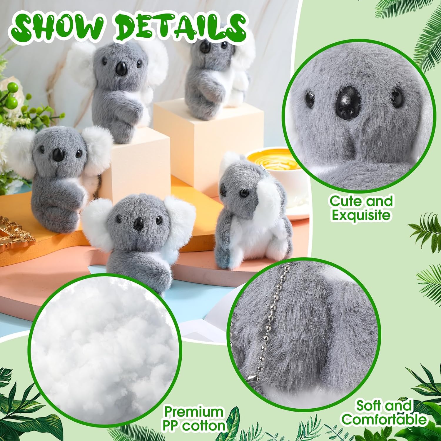 Poen 9 piezas de animales de peluche de koala de peluche, lindos animales de peluche pequeños, mini juguete de koala con cadena de perlas, koala