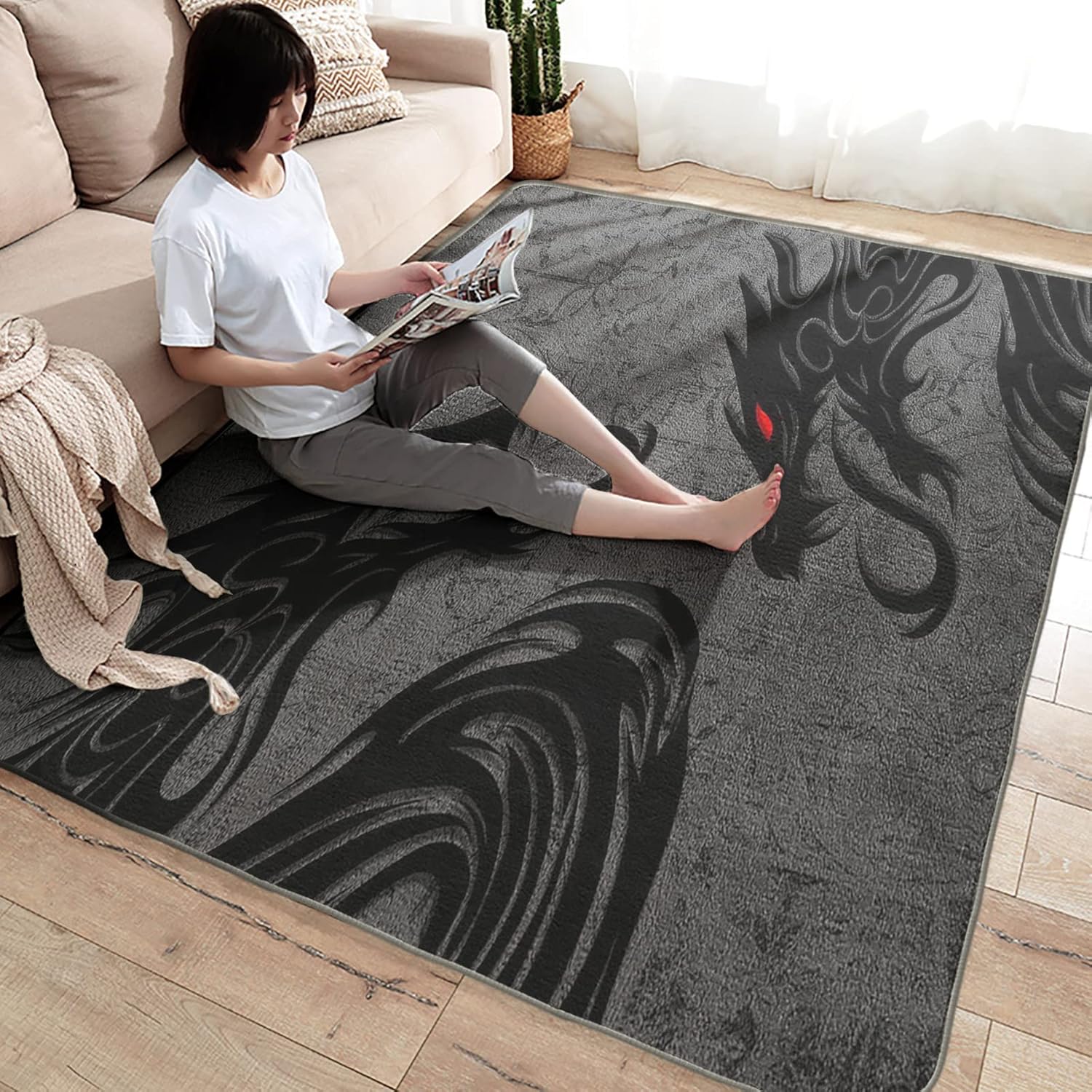 Alfombra de dragón chino de 3 x 5 pies, alfombras de fantasía para dormitorio, sala de estar, alfombra oriental, lavable, antideslizante y suave,