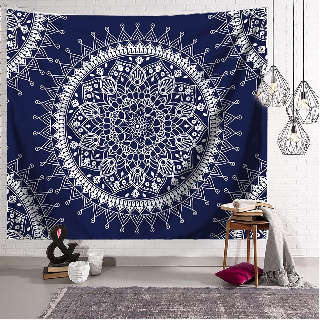 Jewelry-Box Bohemian Psychedelic Colorful Mandala Tapestry Wall Decoration for Room (Dark Blue&White)(59.1 * 78.7 inches, 150 * 200 cm)