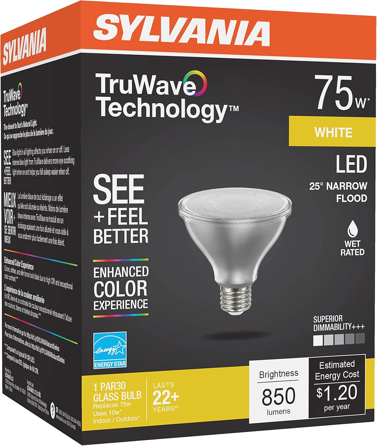 Sylvania – Bombilla LED TruWave Serie Natural PAR30, equivalente a 75 W, eficiente 9 W, base media, regulable, 3000 K, color blanco, 1 paquete