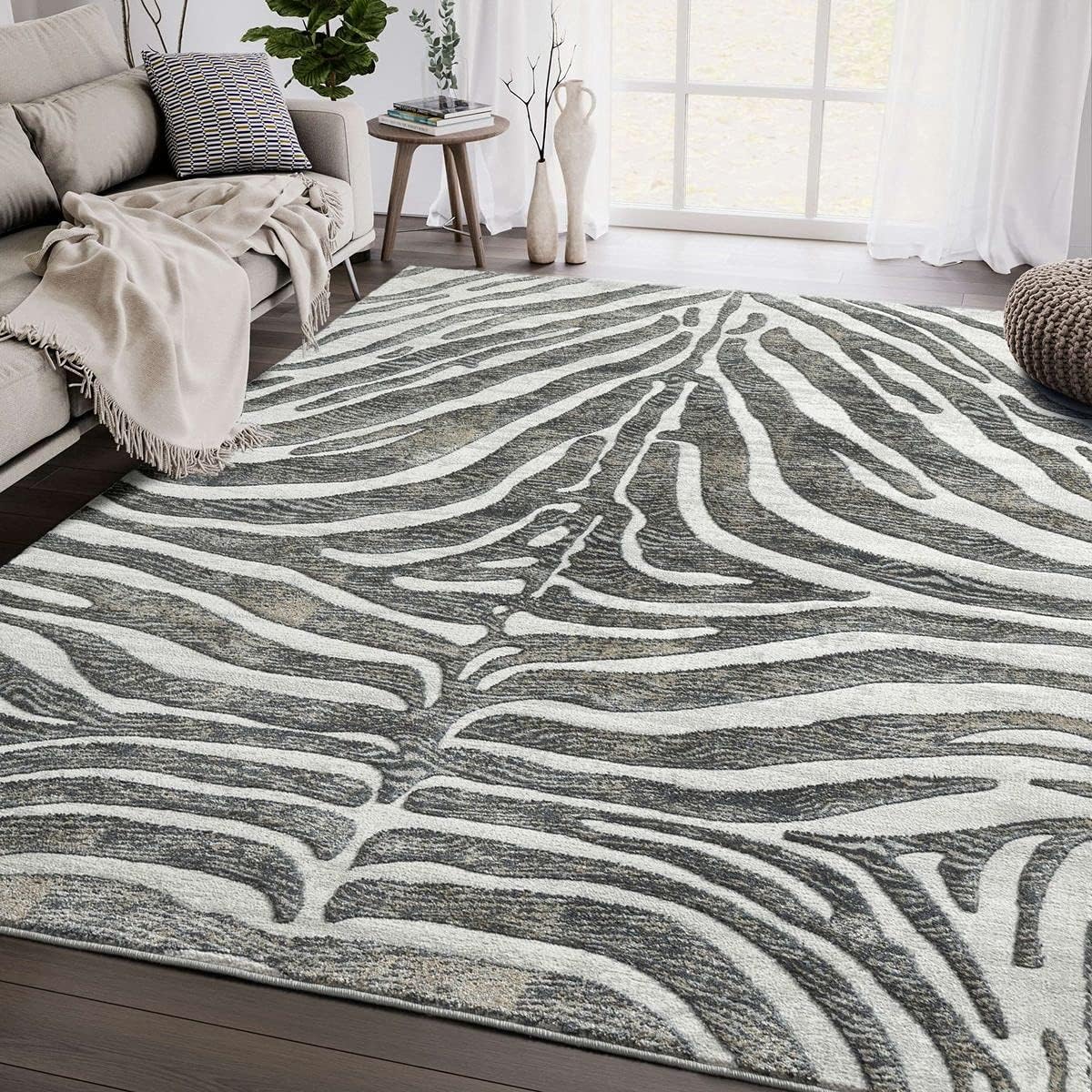 Abani Alfombra contemporánea con patrón de cebra gris y marrón, de 5 pies 3 pulgadas x 7 pies 6 pulgadas, no se desprende, alfombra moderna con