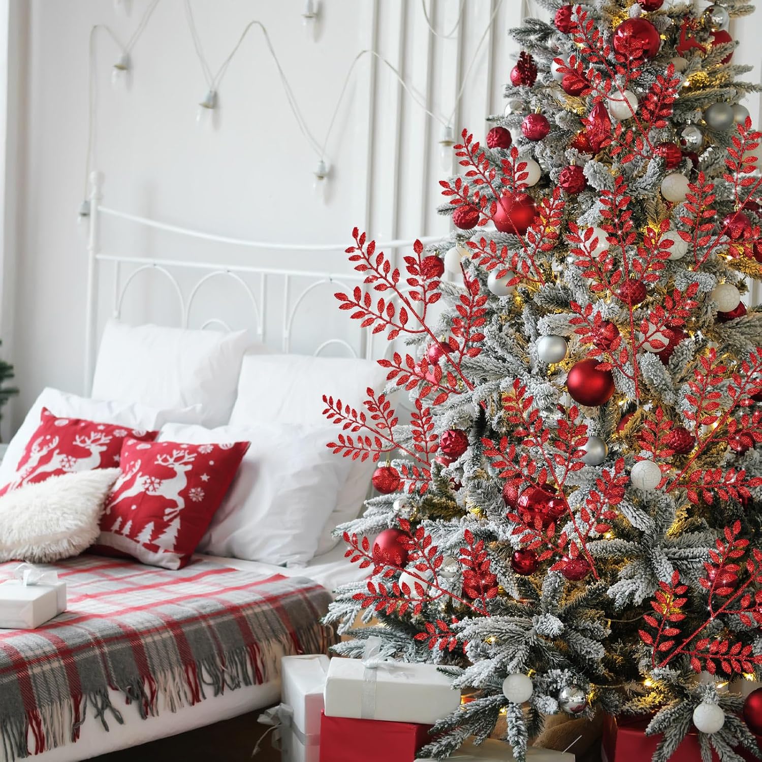 100 púas artificiales de Navidad con purpurina de 14.6 pulgadas, diseño de hojas brillantes, para árbol de Navidad, coronas de invierno, para