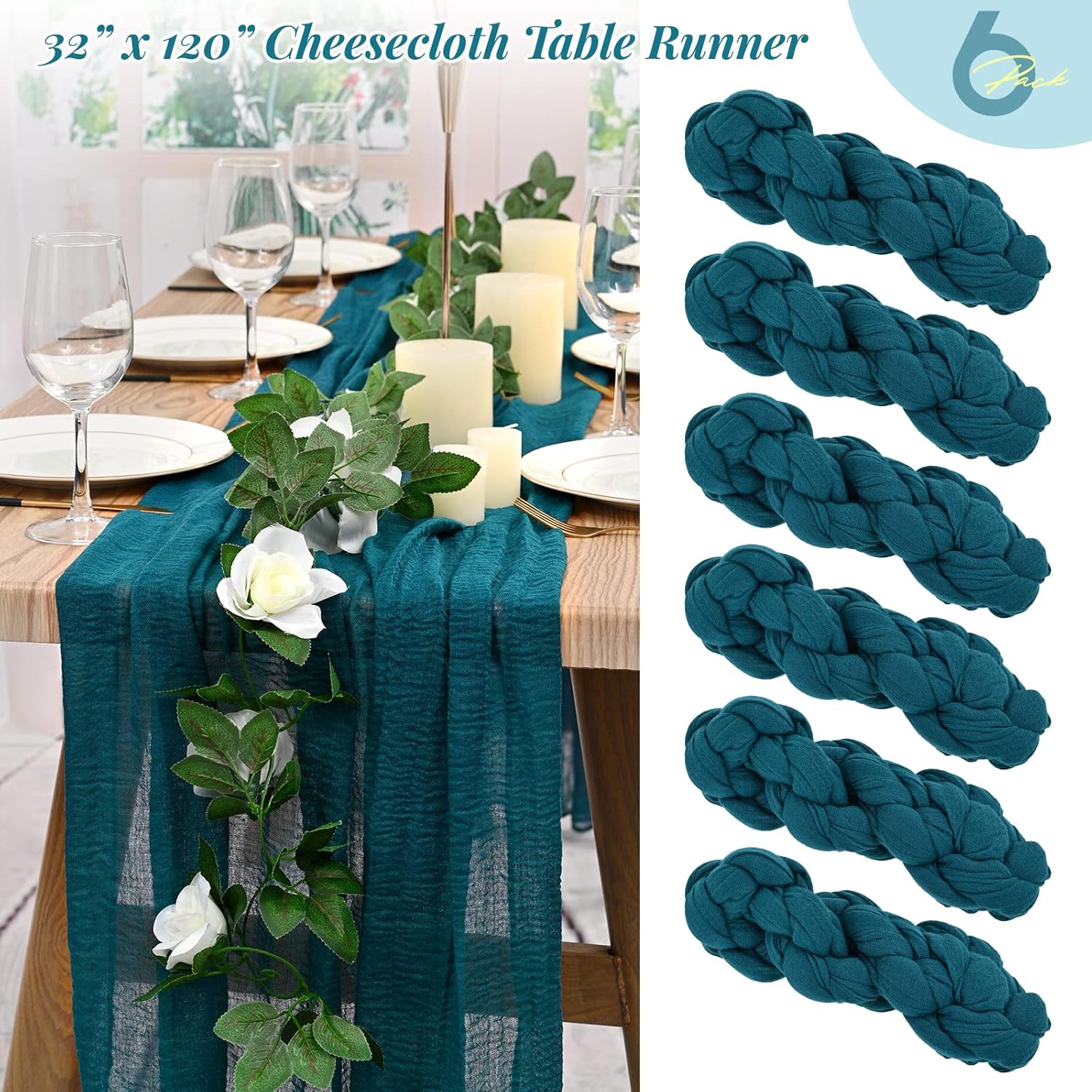 Paquete de 6 caminos de mesa de gasa semitransparentes color verde azulado de 10 pies, mantel de gasa bohemio rústico para decoración de bodas,