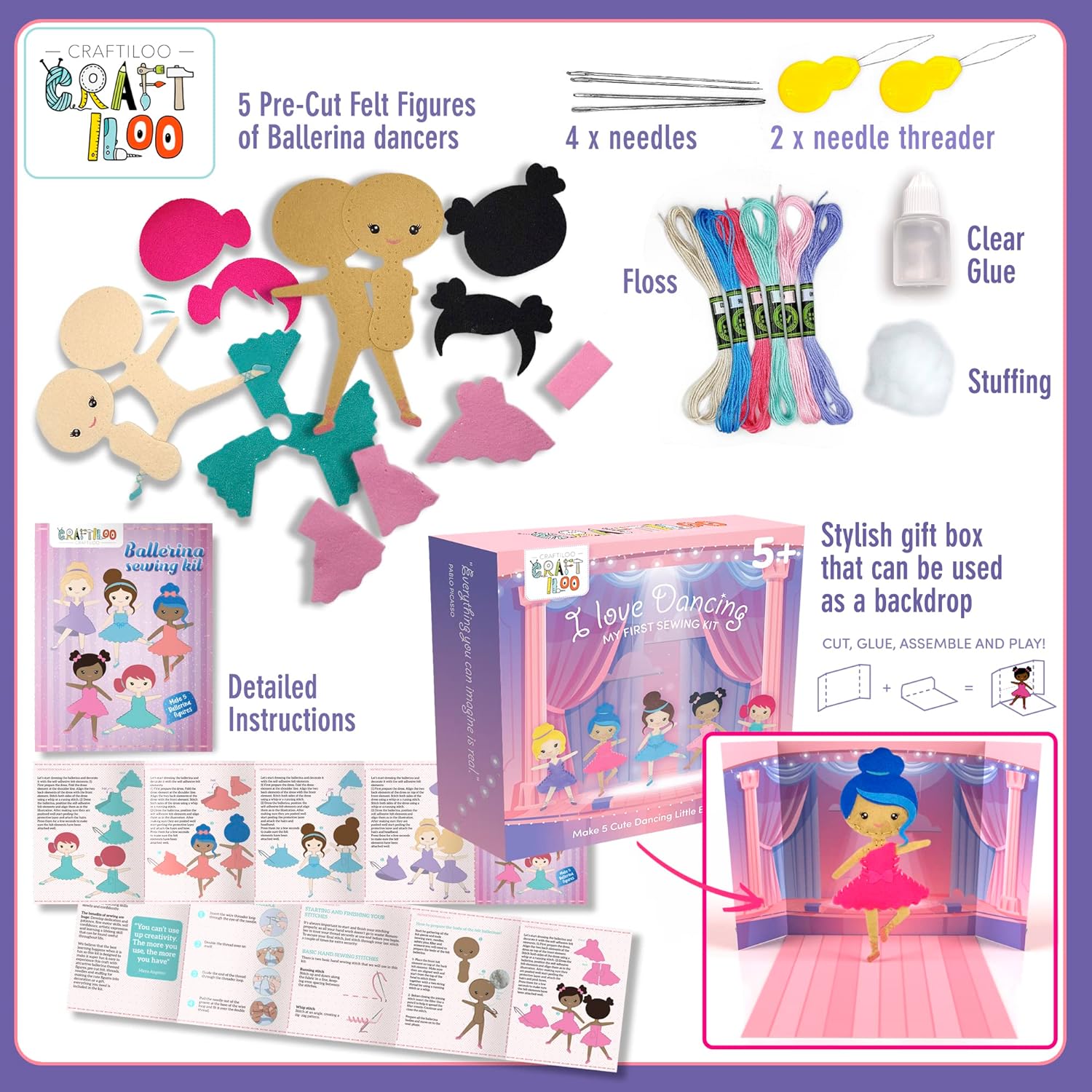 CRAFTILOO Kit de costura de bailarinas para niños, juego de manualidades divertido y educativo para niños y niñas de 5 a 12 años, coser tu propio