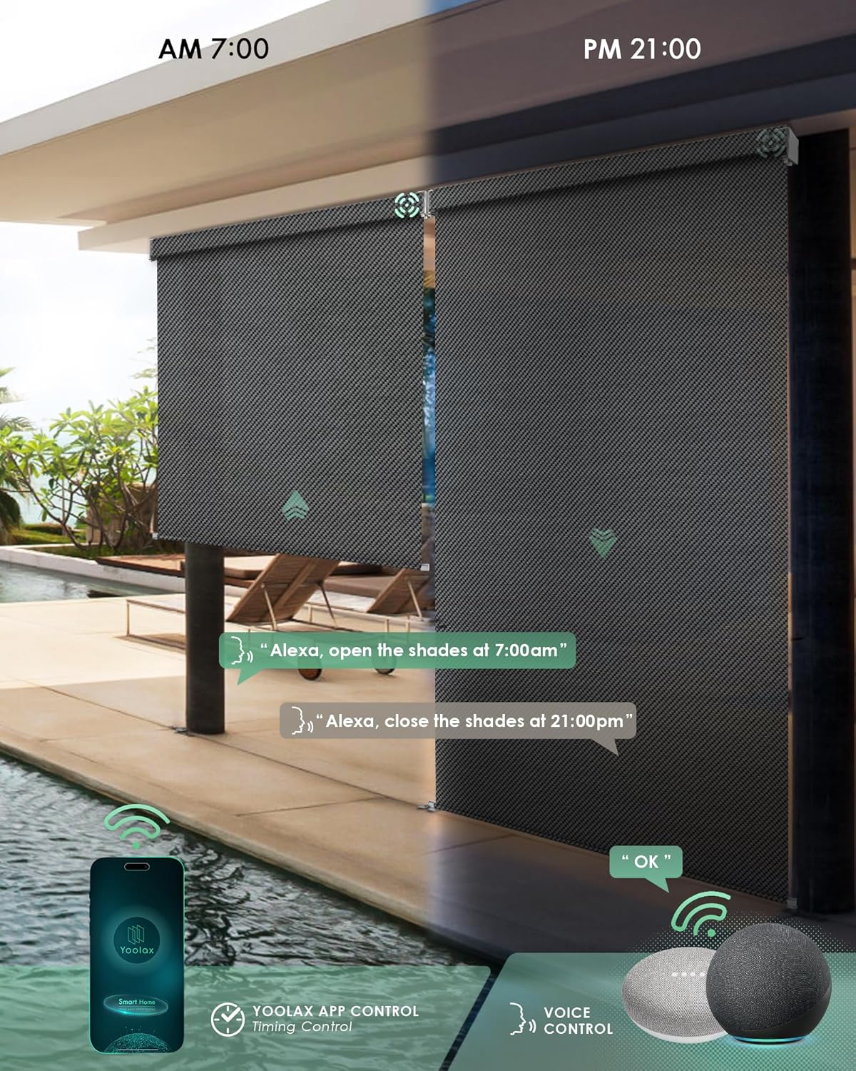 Yoolax Persianas motorizadas personalizadas para exteriores, persianas inteligentes compatibles con Alexa Google, persianas impermeables con control