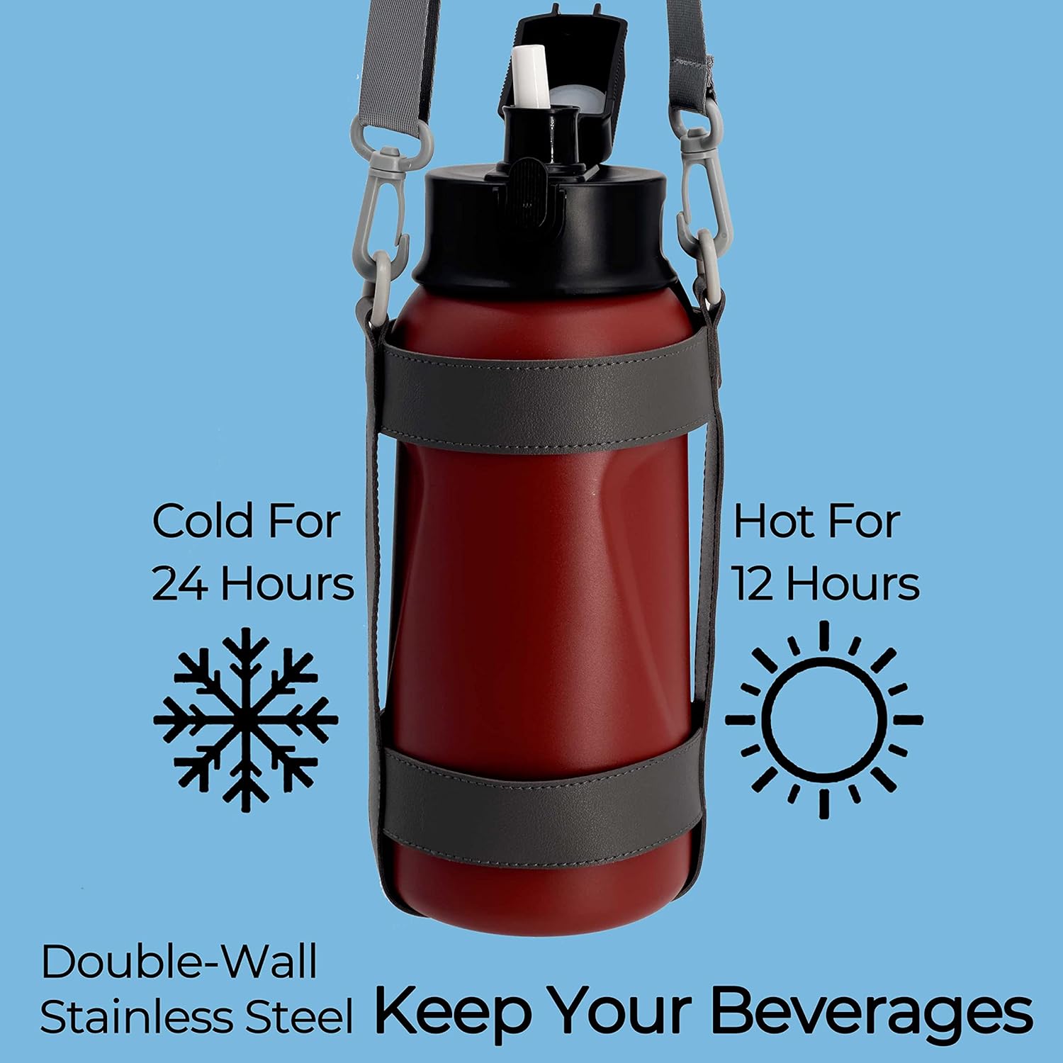 Botellas de agua para deportes al aire libre con doble pared de acero inoxidable de 46 onzas, 1.3 L, con aislamiento de boca ancha, popote y funda