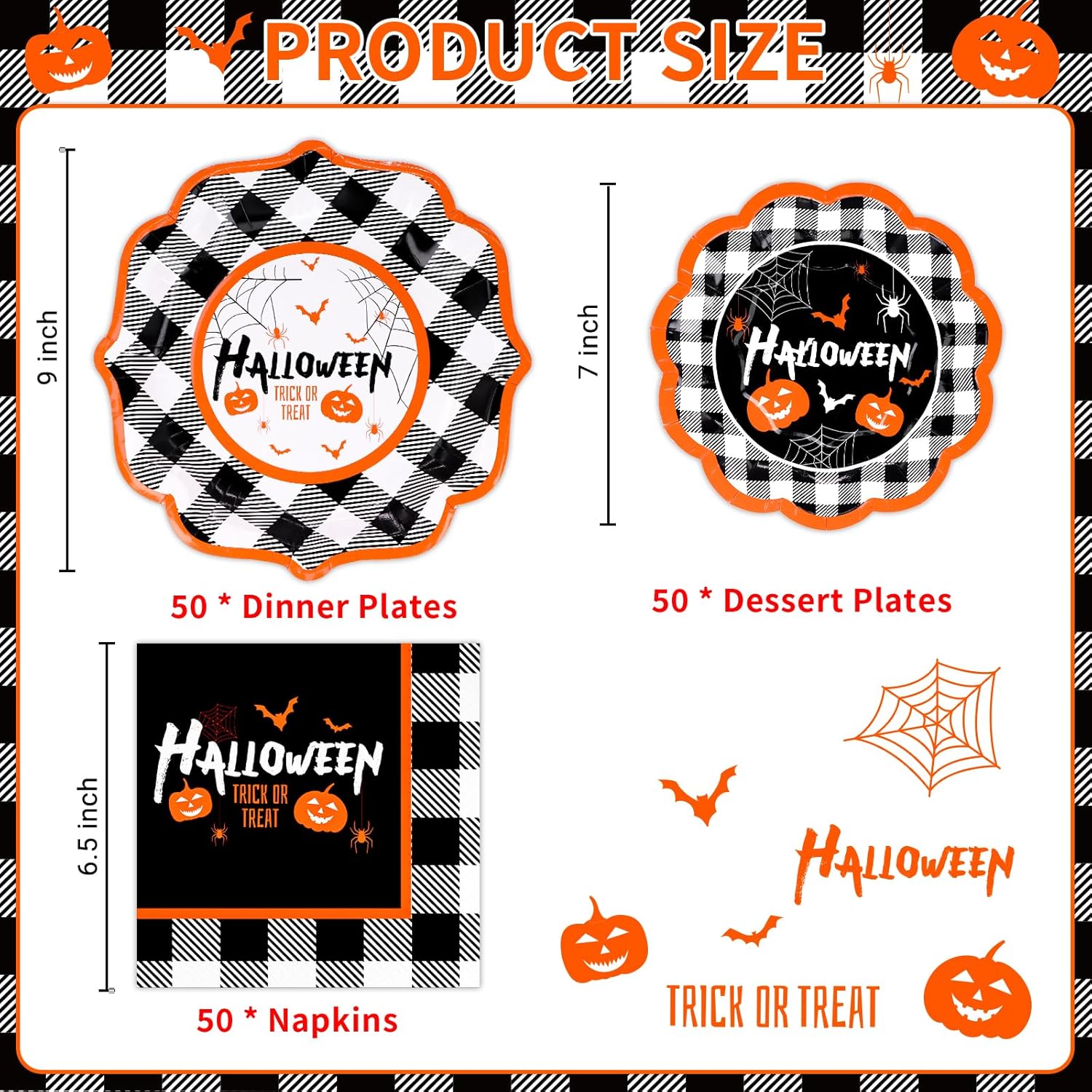 DYLIVeS Juego de platos y servilletas para fiesta de Halloween, 150 piezas de vajilla de calabaza y murciélagos a cuadros de Halloween, suministros