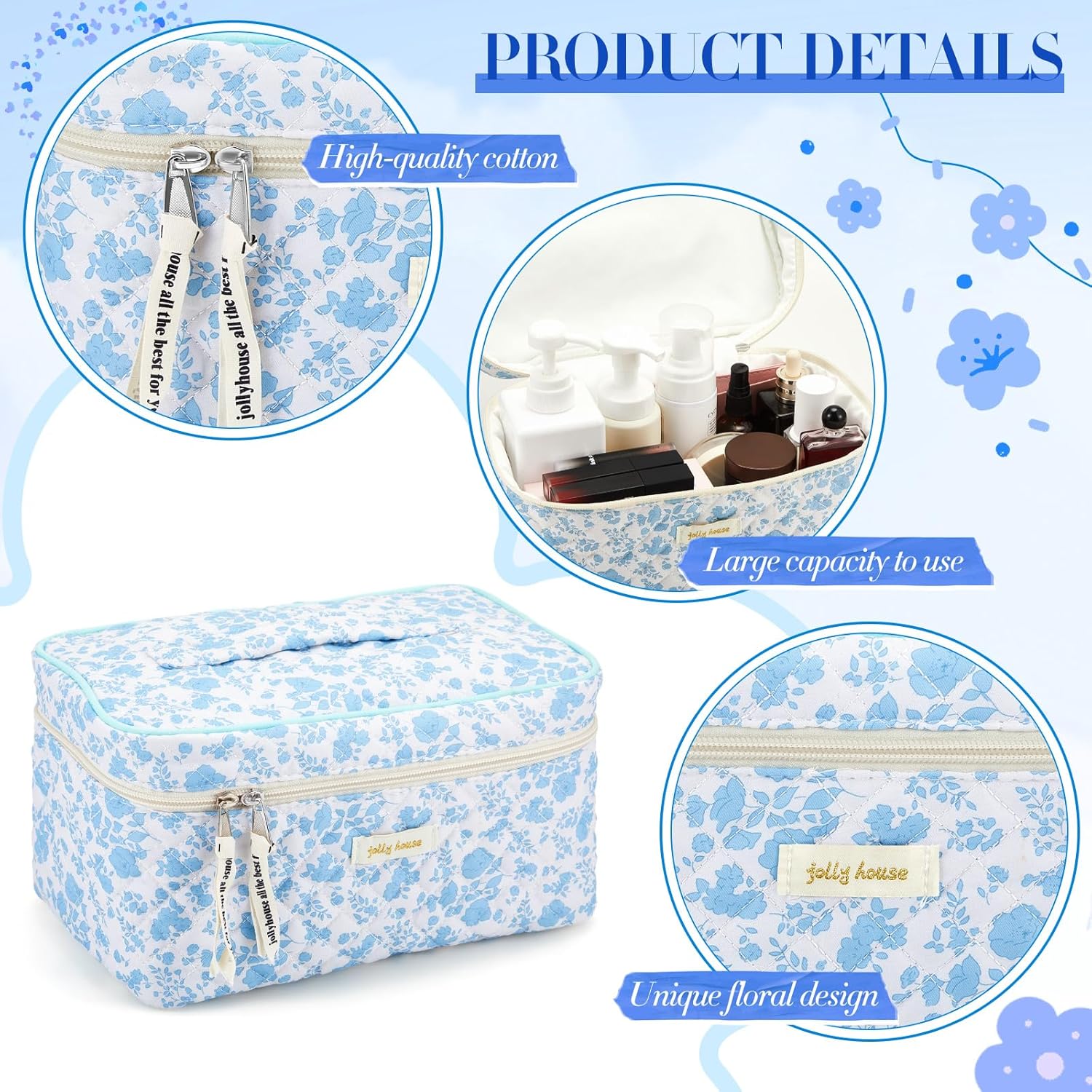2 bolsas de maquillaje acolchadas de algodón, bolsa grande de viaje para cosméticos, estética, linda peonía floral, organizador de artículos de