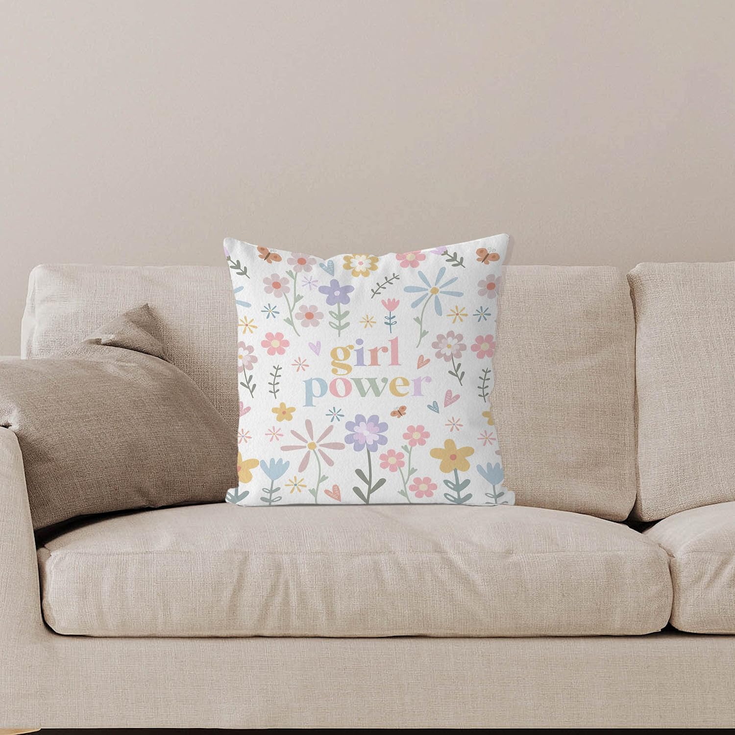 Funda de almohada inspiradora floral bohemia de 18 x 18 pulgadas, funda de almohada positiva para niña, decoración de habitación de niña, funda de