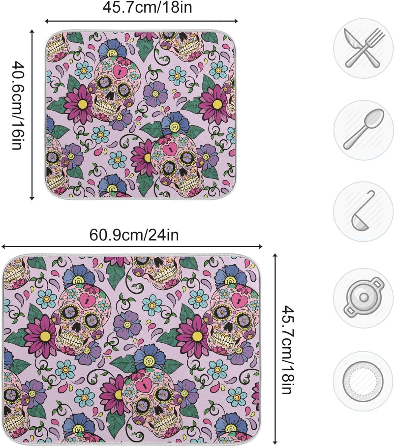 Festive Sugar Skulls Drying Dish Mat Washnable Absorbent Kitchen Countertop Decor Drying Mats For Countertop Tapete Para Cocina 16” x 18”