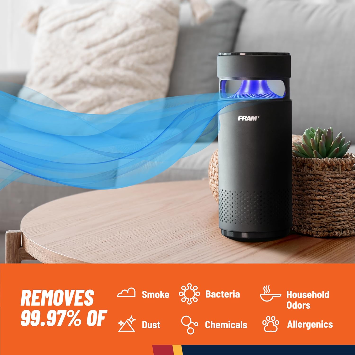 FRAM Purificador de aire portátil con filtración HEPA H13 y esterilización LED UV-C  Diseño inalámbrico para el hogar, vehículos, trabajo y viajes