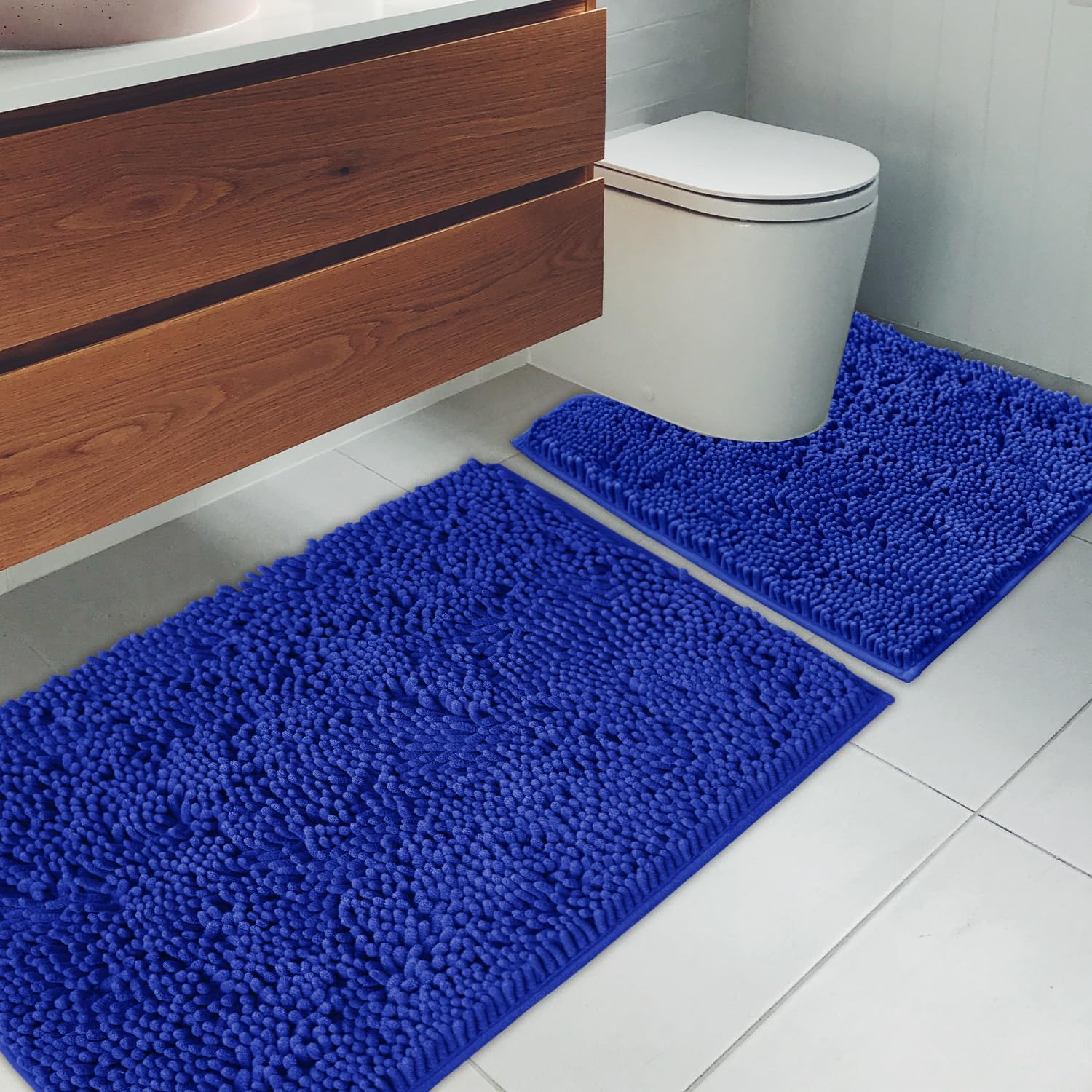 Juego de 2 tapetes de baño de felpilla superabsorbentes, parte trasera antideslizante de PVC fuerte, tapetes de baño para baño, felpa peluda,