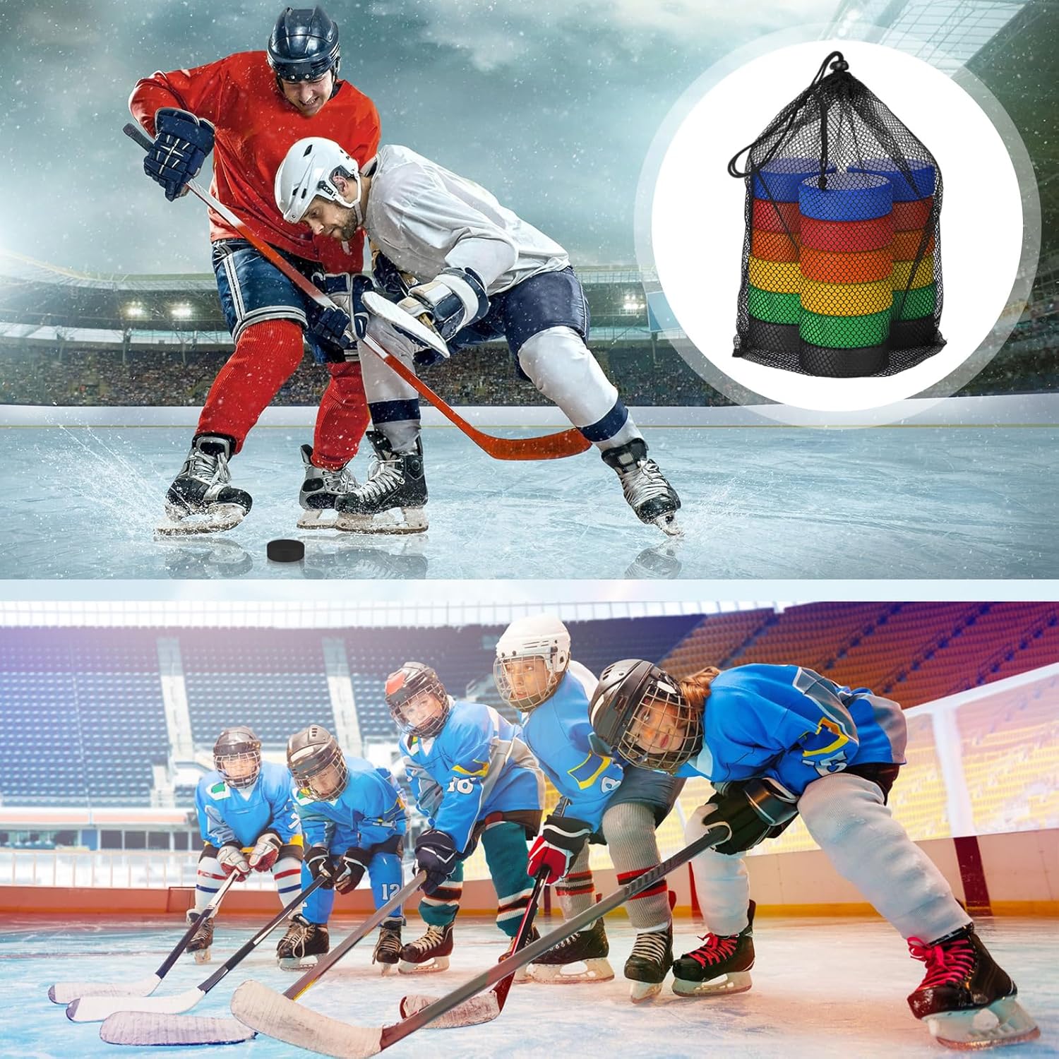 Mini discos de hockey sobre hielo de espuma deportiva de 3 pulgadas para interiores con bolsa de malla para niños y adultos, práctica y