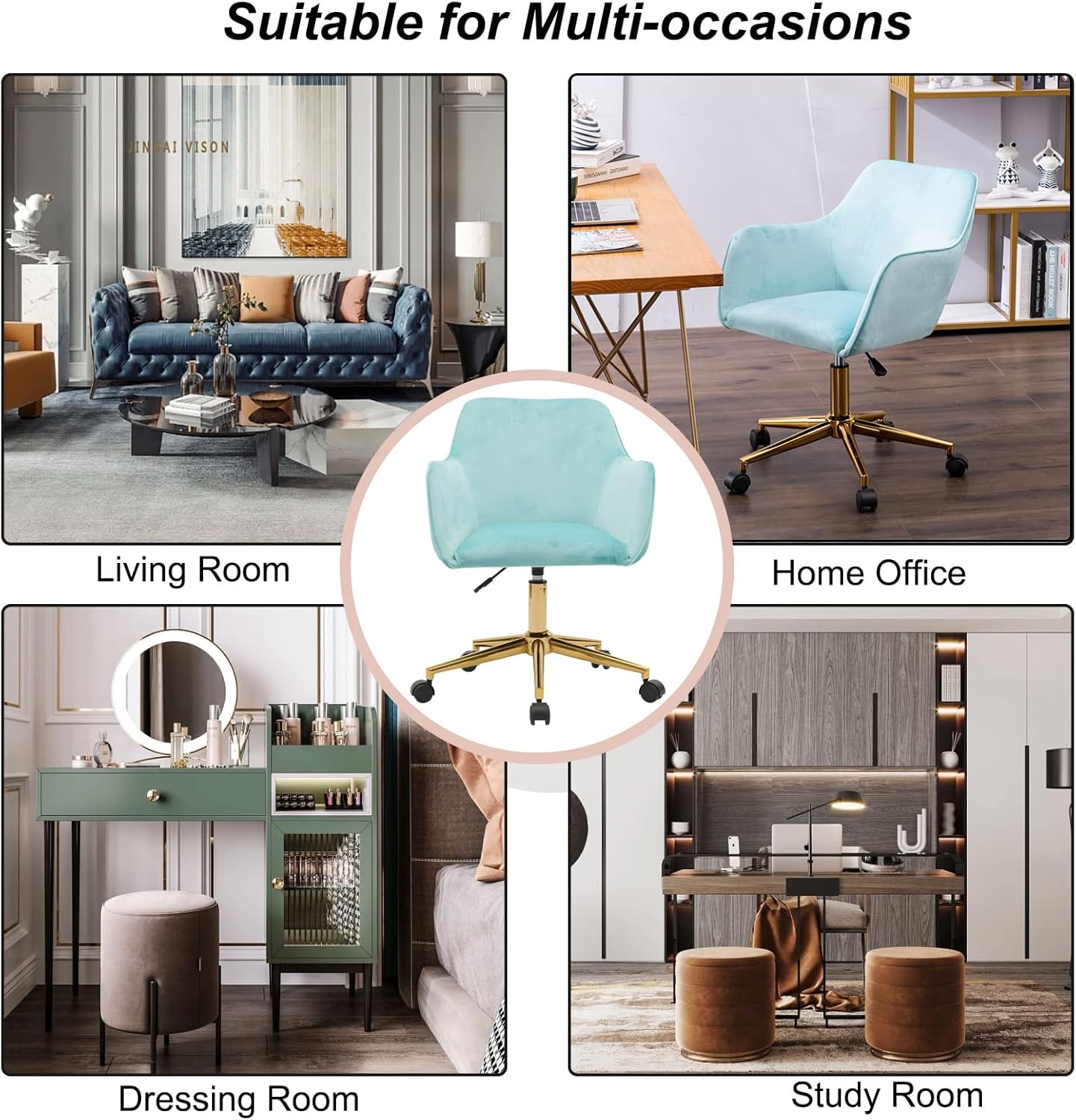 Yoluckea Silla moderna de terciopelo para oficina en casa, silla giratoria ajustable para sala de estar, bonita silla de escritorio para
