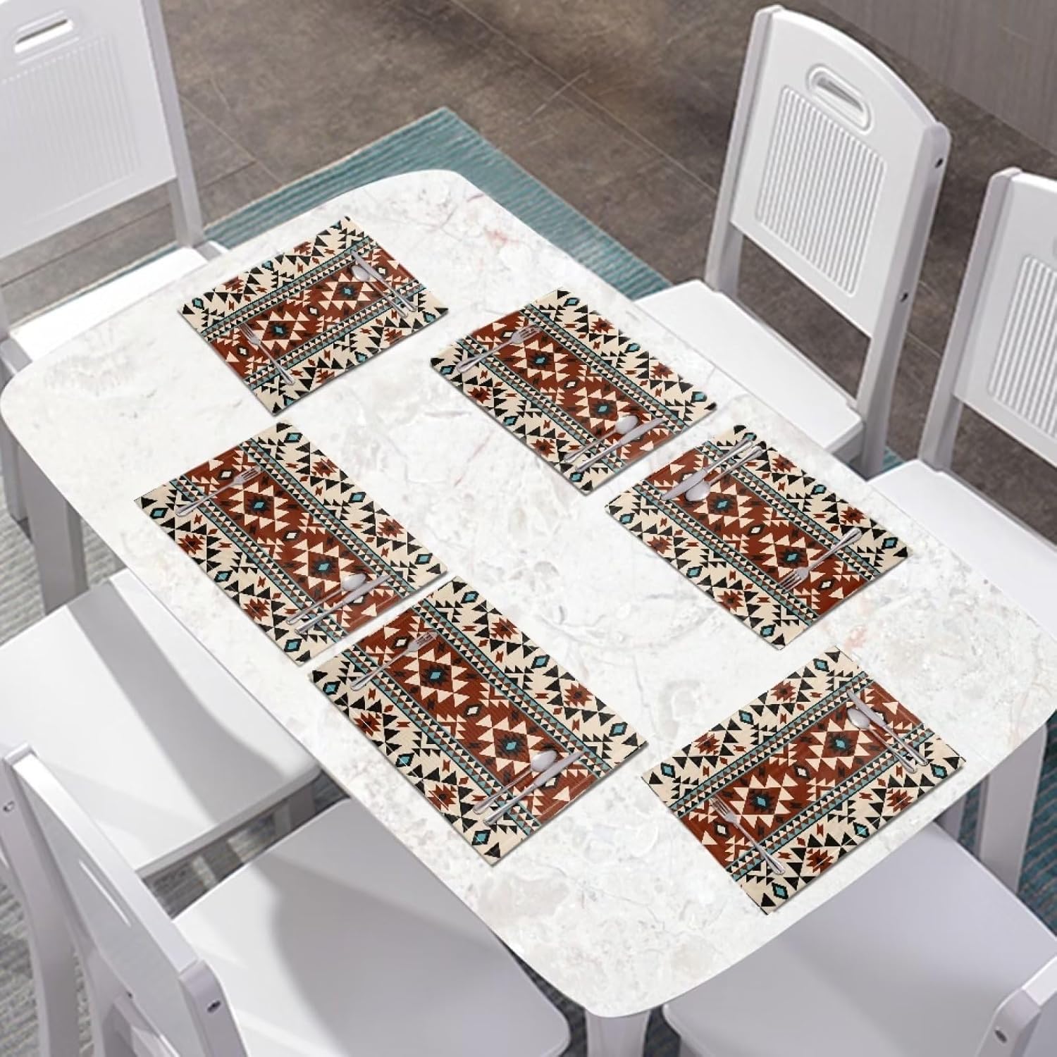 Juego de 6 manteles individuales aztecas bohemios para mesa de comedor, manteles individuales tribales navajos, accesorios decorativos, fáciles de