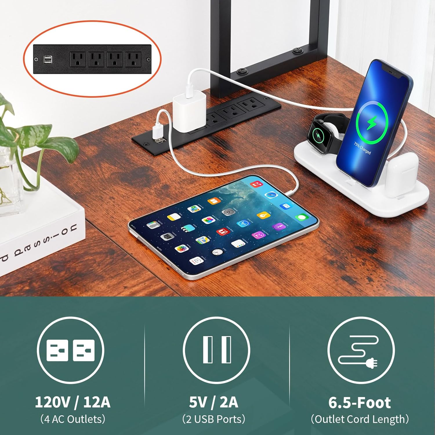 Yoobure Escritorio en forma de L con tira LED y toma de corriente, escritorio reversible en forma de L, escritorio esquinero, escritorio de oficina
