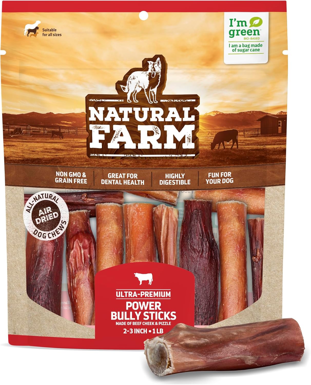 Natural Farm Power Bully Sticks – Masticables para perros (2-3 pulgadas, bolsa de 1 libra), masticables 2 en 1 mejilla de res prémium envuelta en