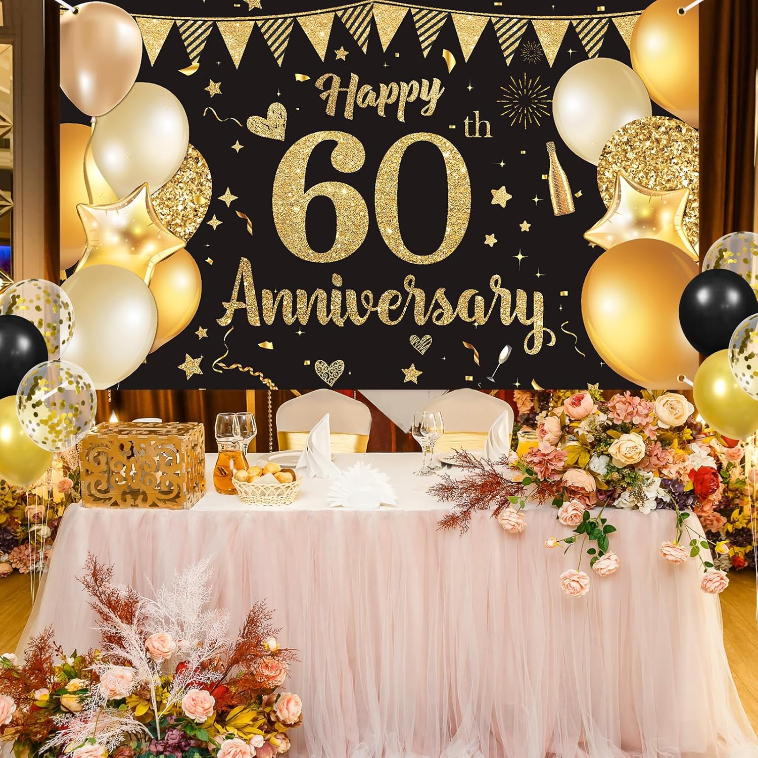 Decoraciones de 60 aniversario, pancarta de feliz 60 aniversario de boda de oro negro para 60 aniversario, decoración de fiesta de aniversario de