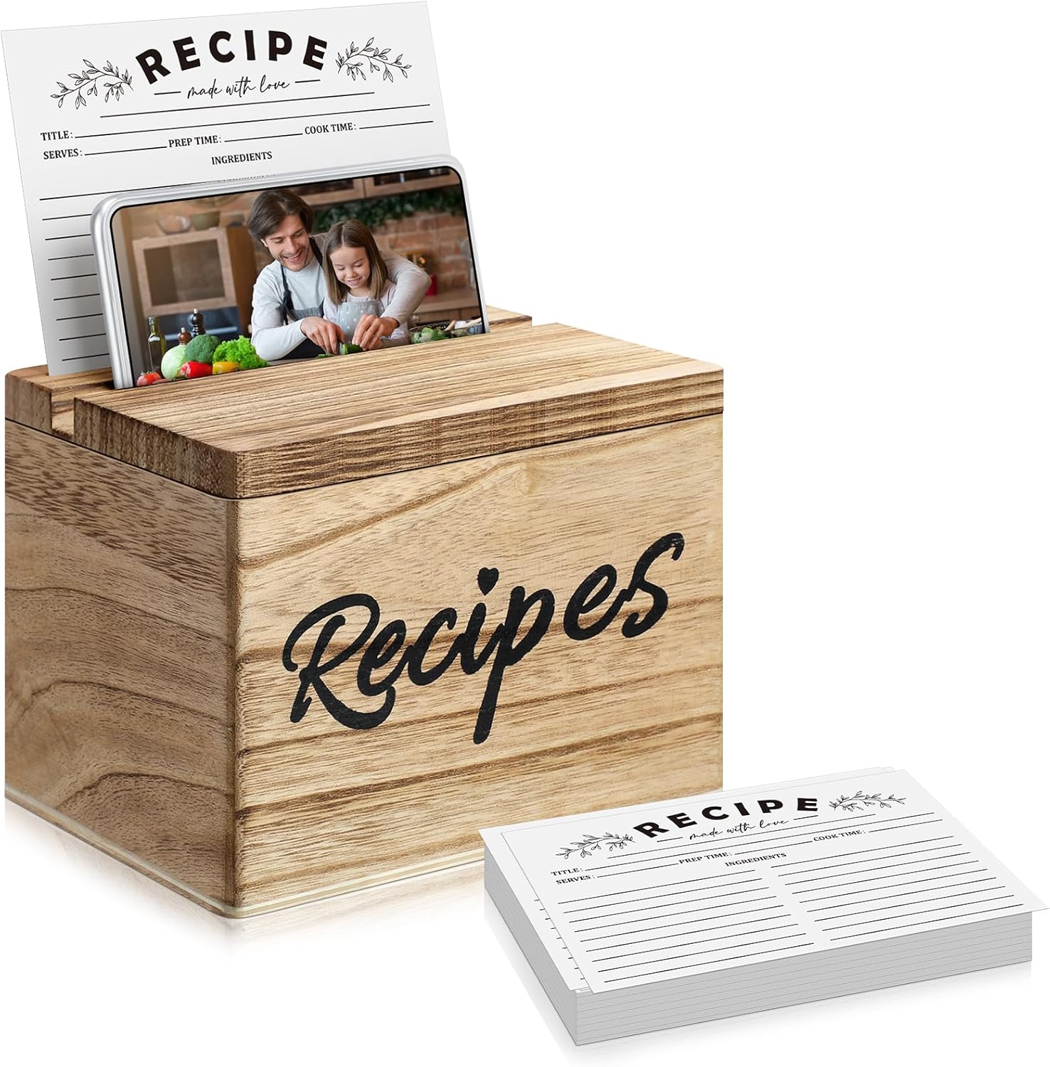 Hoteam Caja de recetas de madera con tarjetas y soporte para tarjetas de recetas de madera rústica con 50 tarjetas de recetas de 5 x 7 pulgadas,
