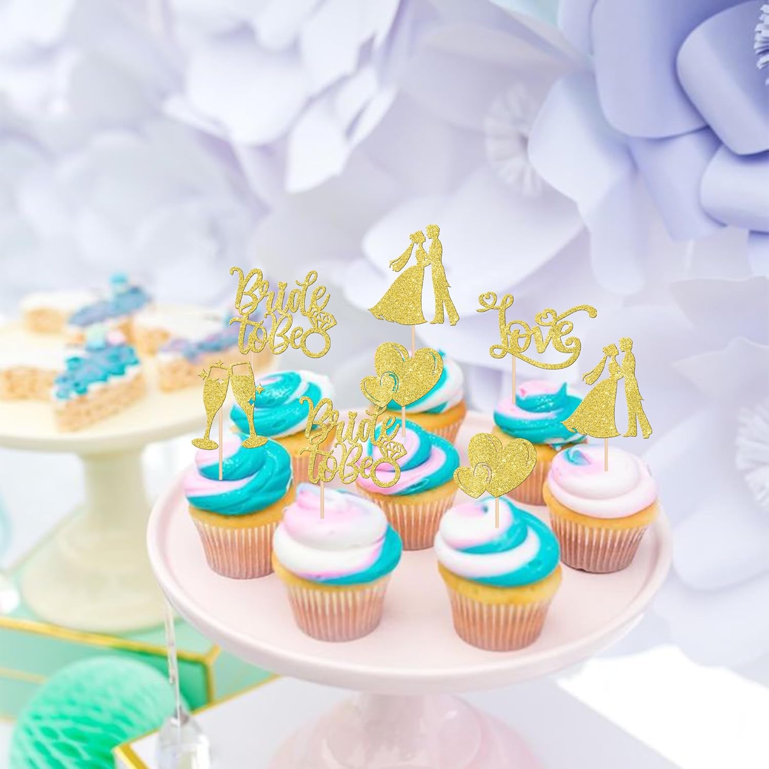Paquete de 30 adornos para cupcakes con purpurina “I Do Love”, para decoración de pasteles de novia y novio, para boda, compromiso, despedida de