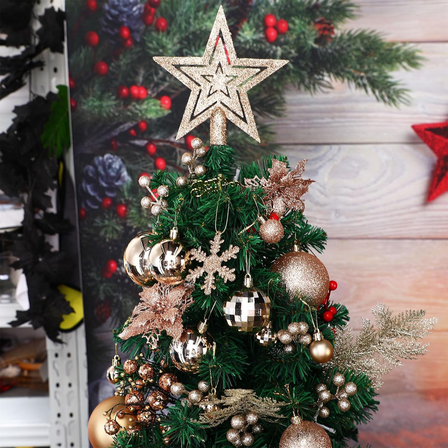 Juego de decoración para árbol de Navidad de 94 piezas, adornos, flores, bayas, tallos, para decoración navideña (dorado champán)