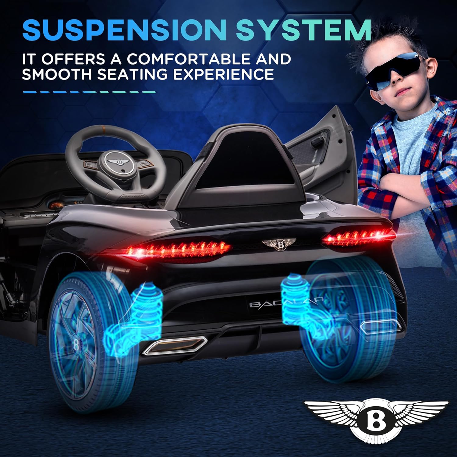 Aosom Bentley Bacalar – Auto eléctrico de 12 V para niños con control remoto, sistema de suspensión, bocina, música, luces, color negro