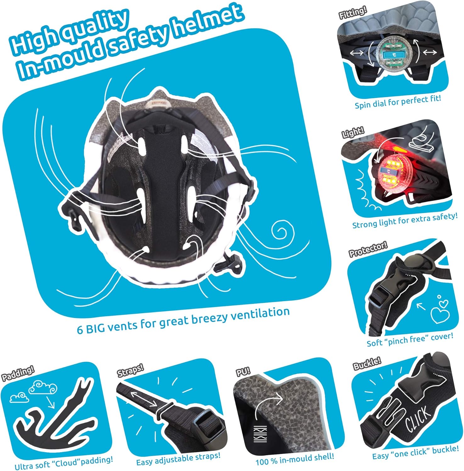 Crazy Safety Cascos para niños pequeños de 2 a 4 a 7 años, ajustable (19.3-21.7 in), casco de bicicleta para niños con luz LCD, ligero, ventilación,