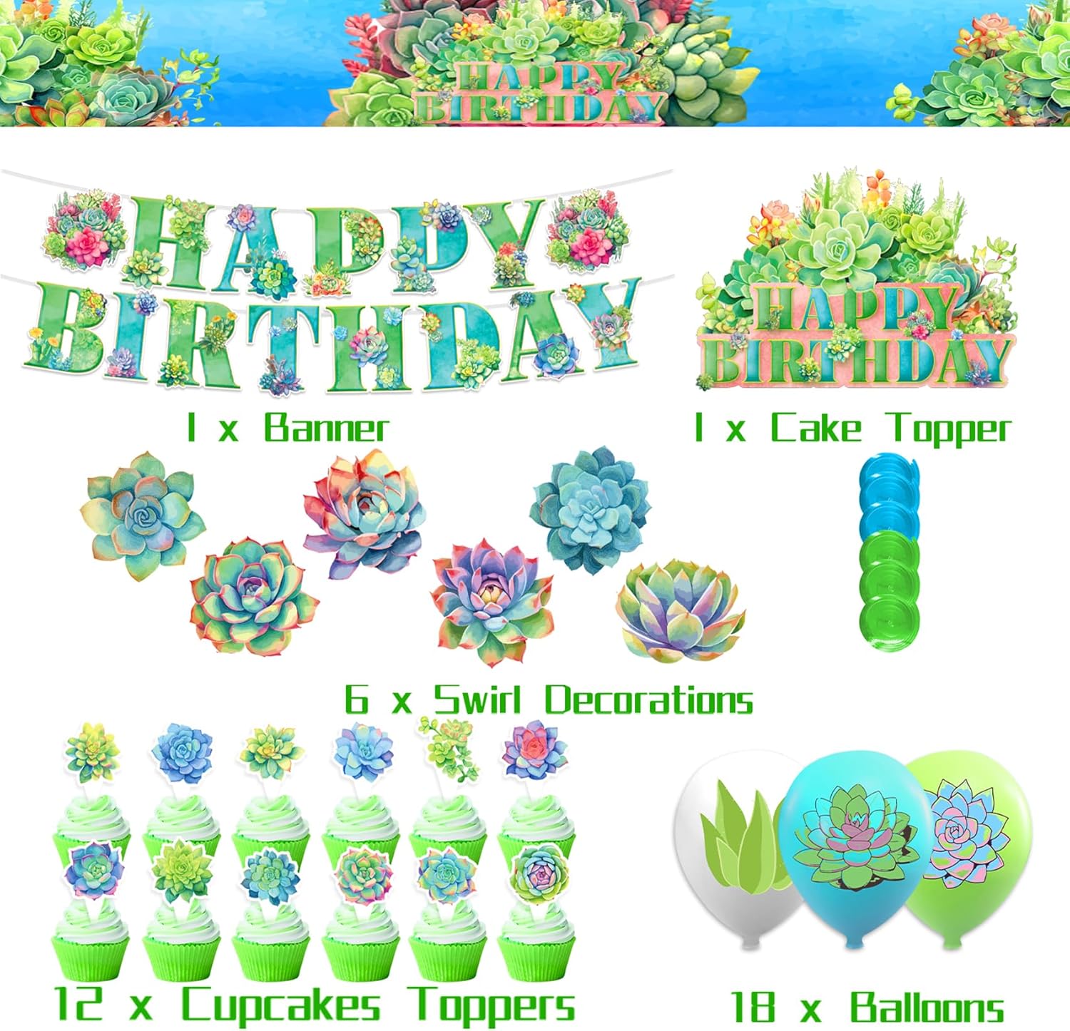 Plantas suculentas, decoraciones de fiesta de cumpleaños, plantas suculentas, suministros de fiesta, incluye pancarta de cumpleaños, decoración de