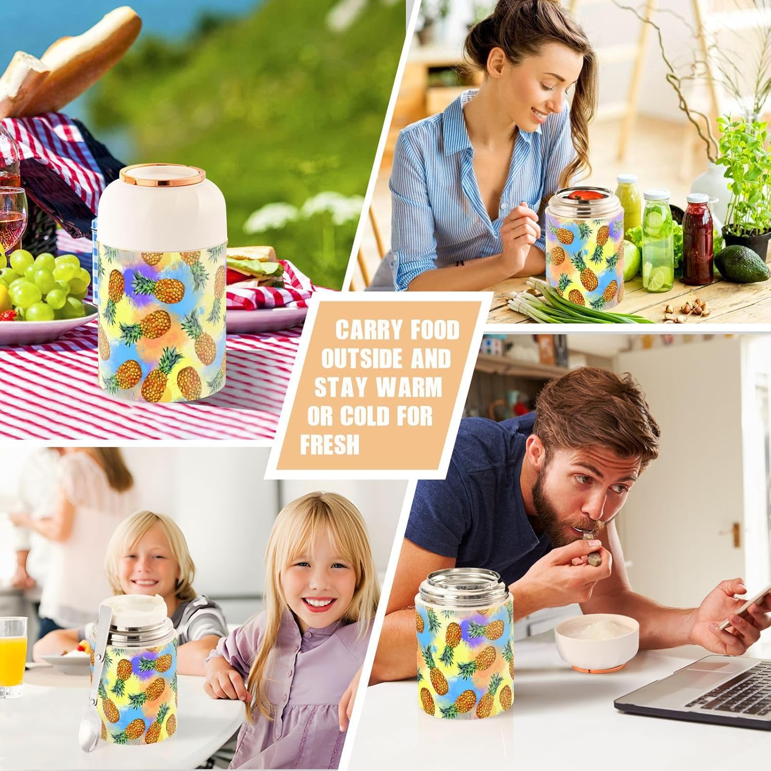 MCHIVER Fruta piña tarro de comida con cuchara de acero inoxidable aislado al vacío contenedor de alimentos 17 oz termo para comida caliente