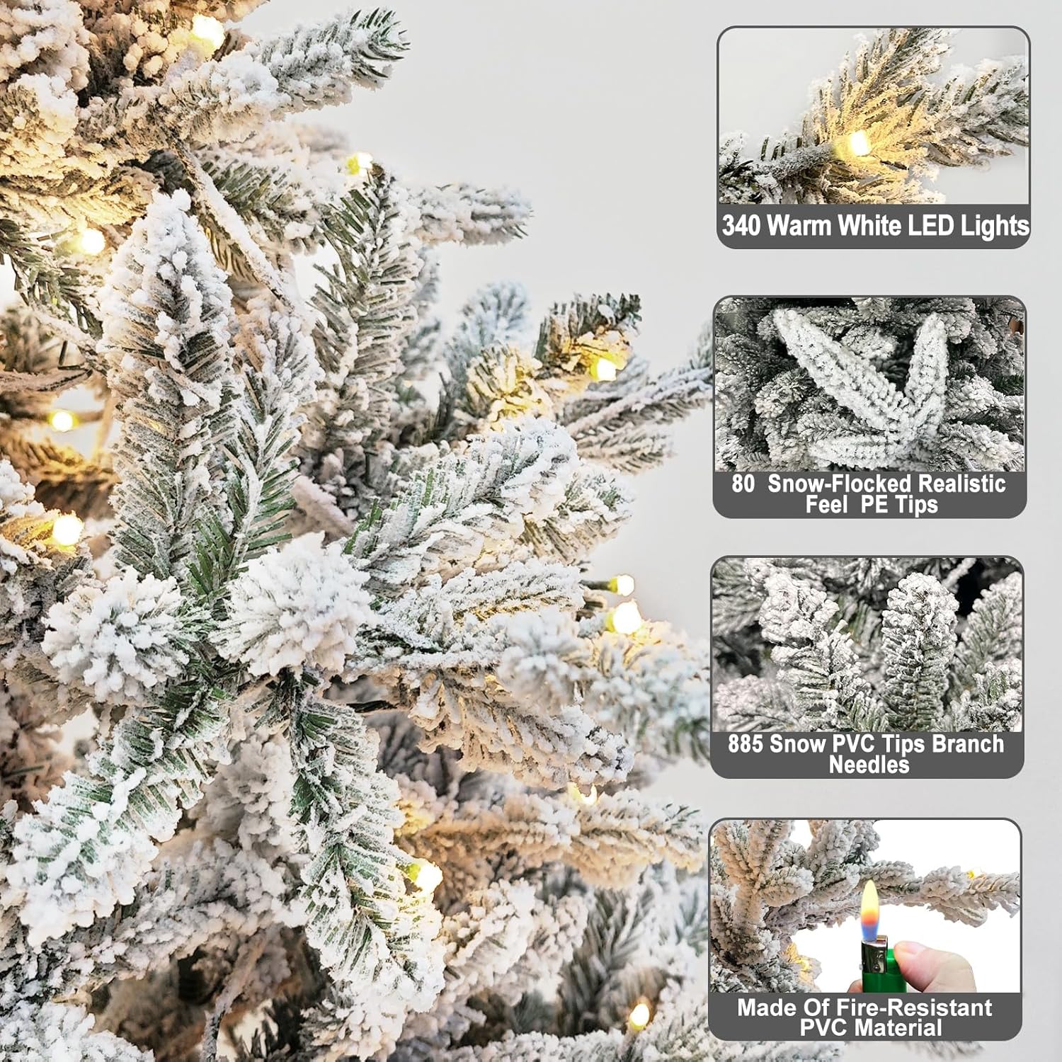 Árbol de Navidad artificial de Aspen flocado de 6 pies, 965 puntas nevadas, 340 luces, muy flocado, soporte de metal, decoración navideña
