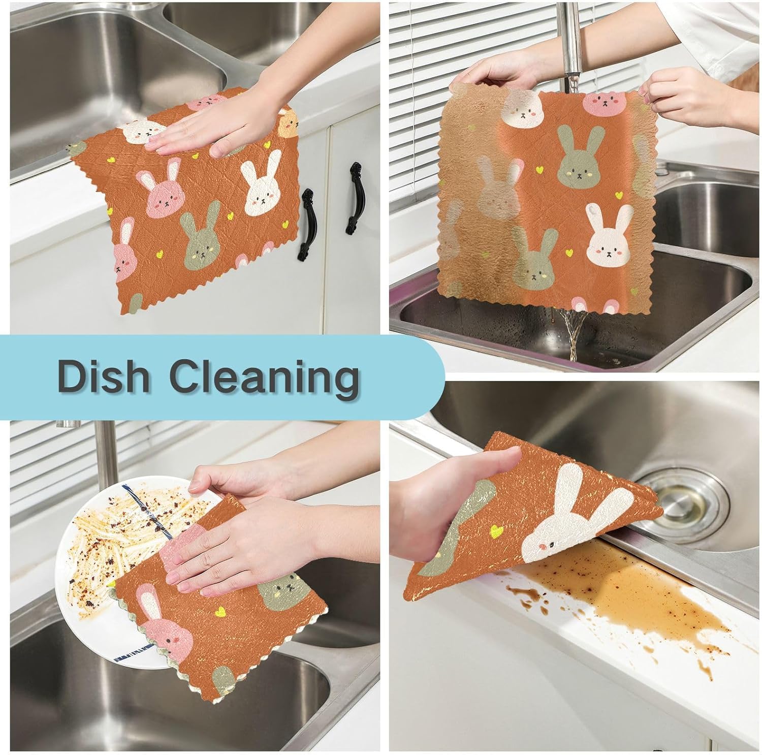 Colorful Cute Bunny Cotton Decor Kitchen Microfiber Towels Absorbent 6 Pack Dish Tea Towels for Countertop Sink