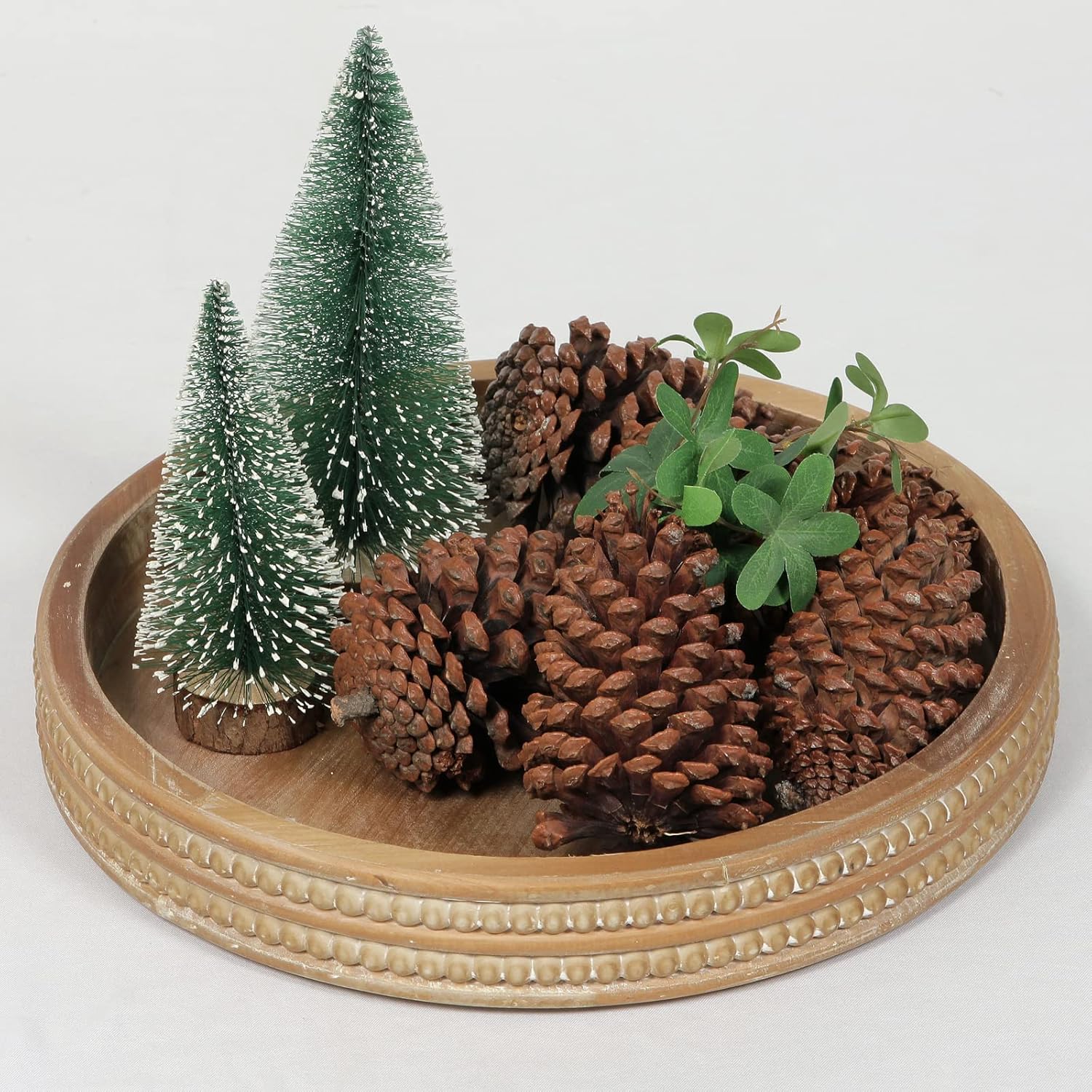 Carah & Cossh Bandeja redonda de madera de 12 pulgadas, bandeja decorativa redonda de madera encalada, bandeja decorativa rústica redonda, perfecta