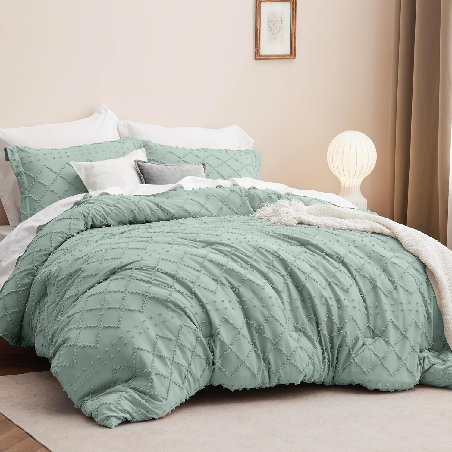 Bedsure Juego de edredón tamaño Queen  Edredón verde salvia, juego de ropa de cama bohemio desgastado chic, juego de ropa de cama vintage de 3