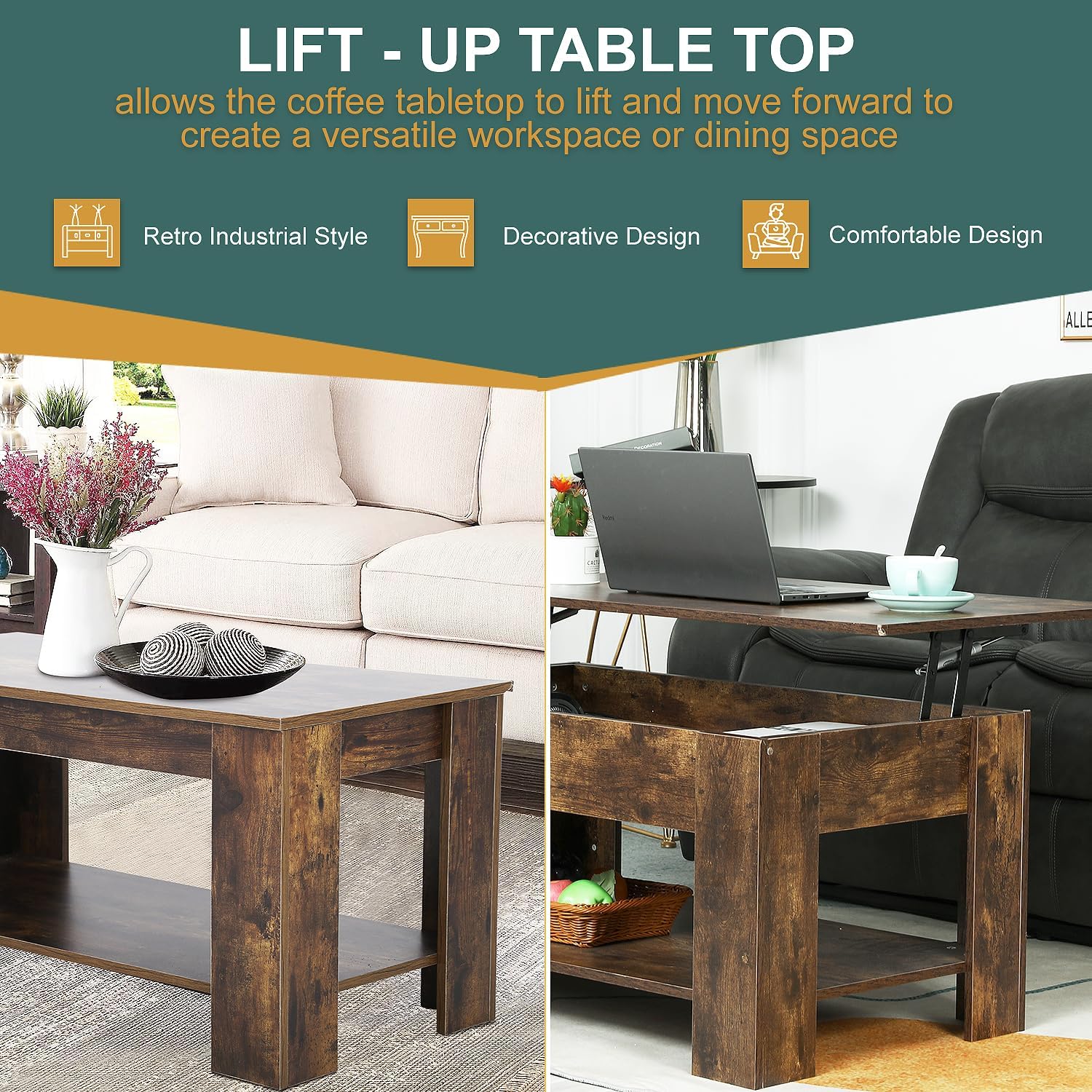 PayLessHere Mesa auxiliar elevable con compartimento oculto y estante de almacenamiento, mesa de comedor de madera para sala de estar y hogar