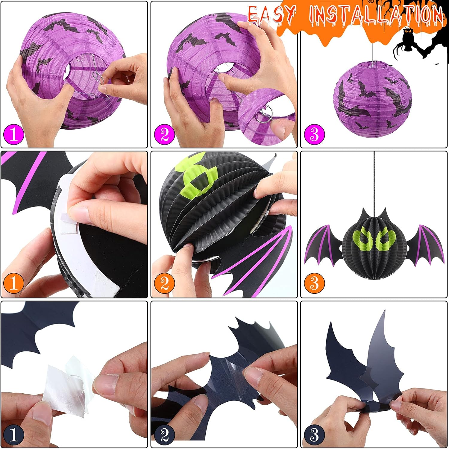 48 linternas de papel de decoración de Halloween, faroles de papel de esqueleto de calabaza, calcomanías de pared de murciélago 3D, arañas para