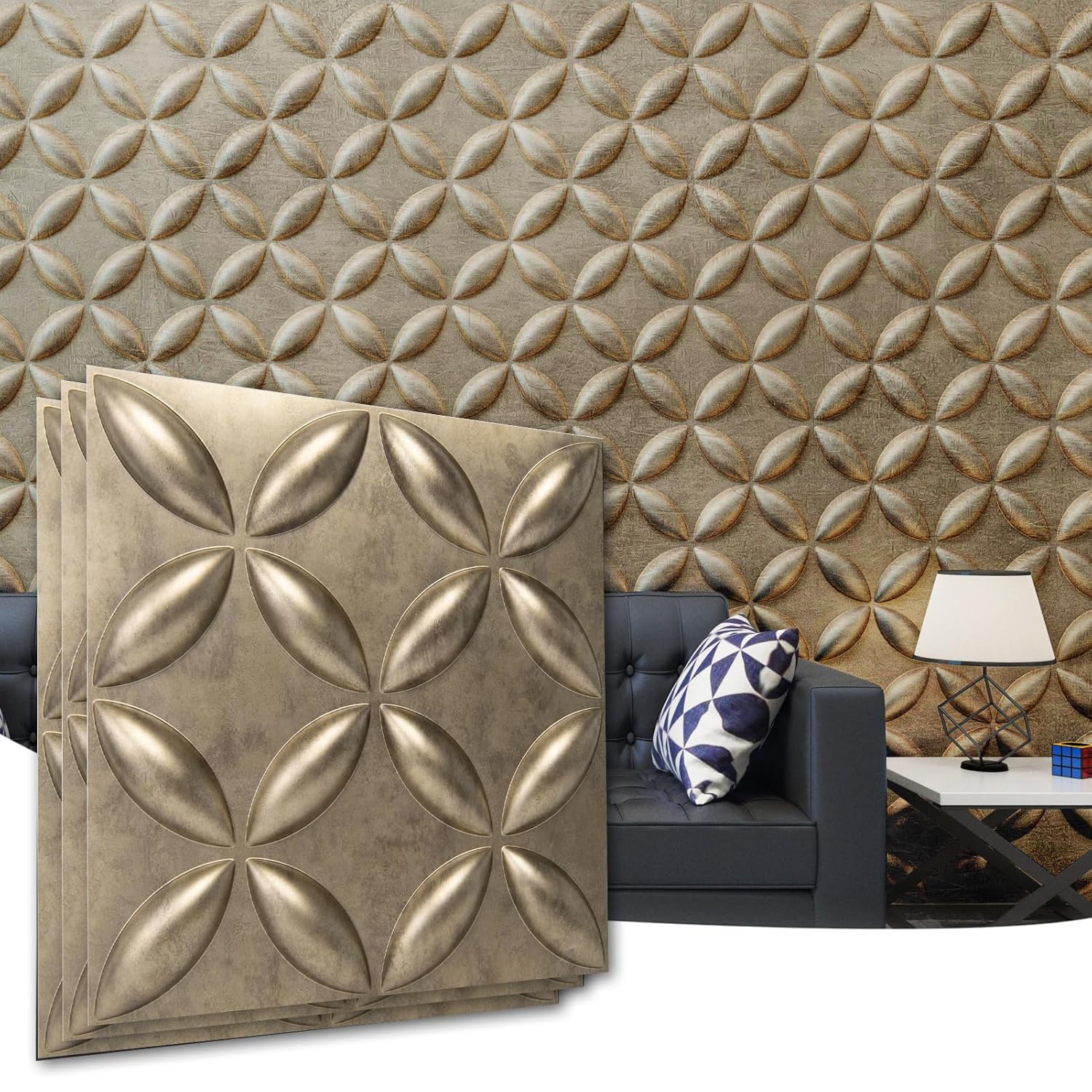 Art3d Paneles de pared 3D texturizados, paneles de pared de PVC para decoración de pared interior, paquete de 12 azulejos de 32 pies cuadrados, oro