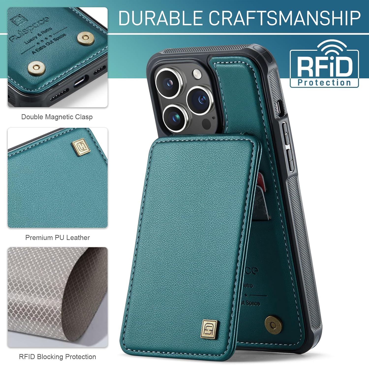 ASAPDOS Funda para iPhone 15 Pro con tarjetero, piel sintética a prueba de golpes, funda tipo cartera para iPhone 15 Pro con bloqueo RFID y soporte