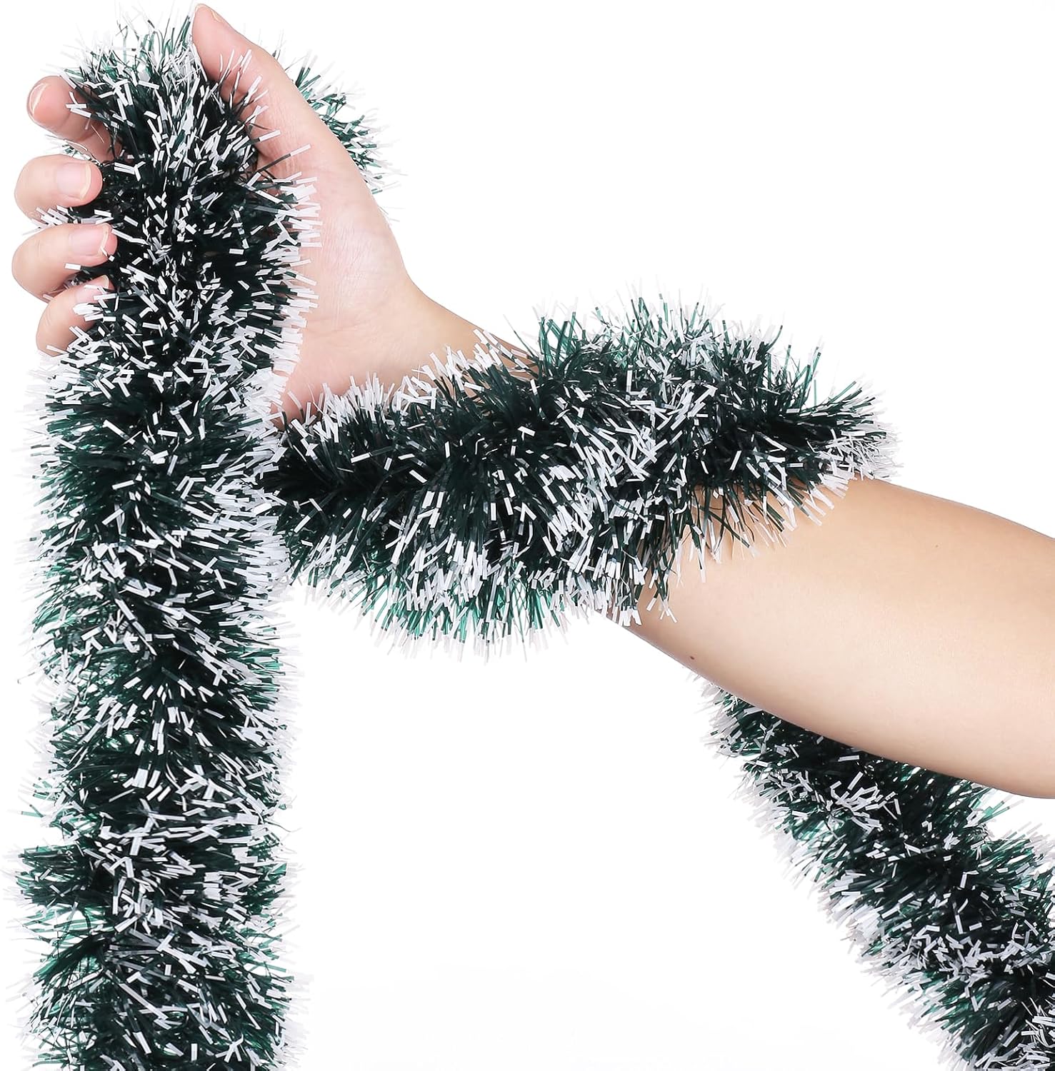 Guirnalda de oropel de Navidad de 32.8 pies, guirnalda metálica colgante verde negruzco con borde blanco para decoración de árbol de Navidad,