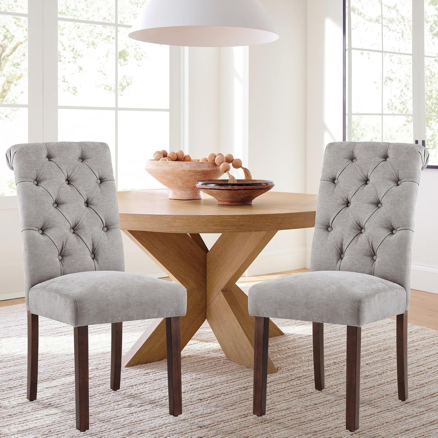 COLAMY Juego de 2 sillas de comedor copetudas, sillas de comedor Parsons tapizadas de tela, sillas auxiliares elegantes con patas de madera maciza y