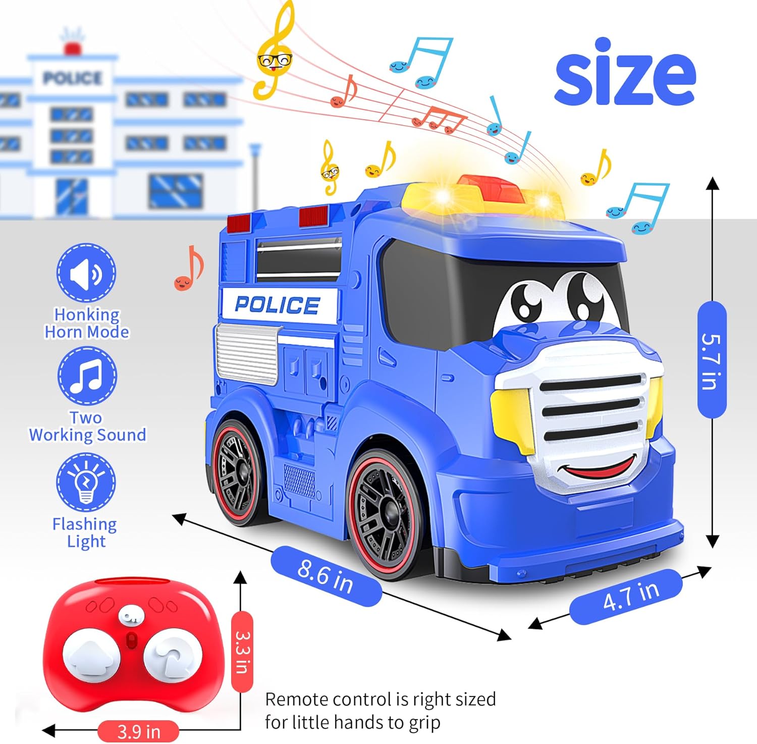 Auto a control remoto para niños pequeños, juguetes ideales para niños de 2 a 3 años, primer auto de policía a control remoto con sirenas y luces,