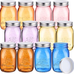 Paquete de 12 tarros Mason de colores de 16 onzas con tapas, tarros de vidrio vintage a granel para almacenamiento herméticos de boca regular, Paquete de 12 tarros Mason de colores de 16 onzas con tapas, tarros de vidrio vintage a granel para almacenamiento herméticos de boca regular,